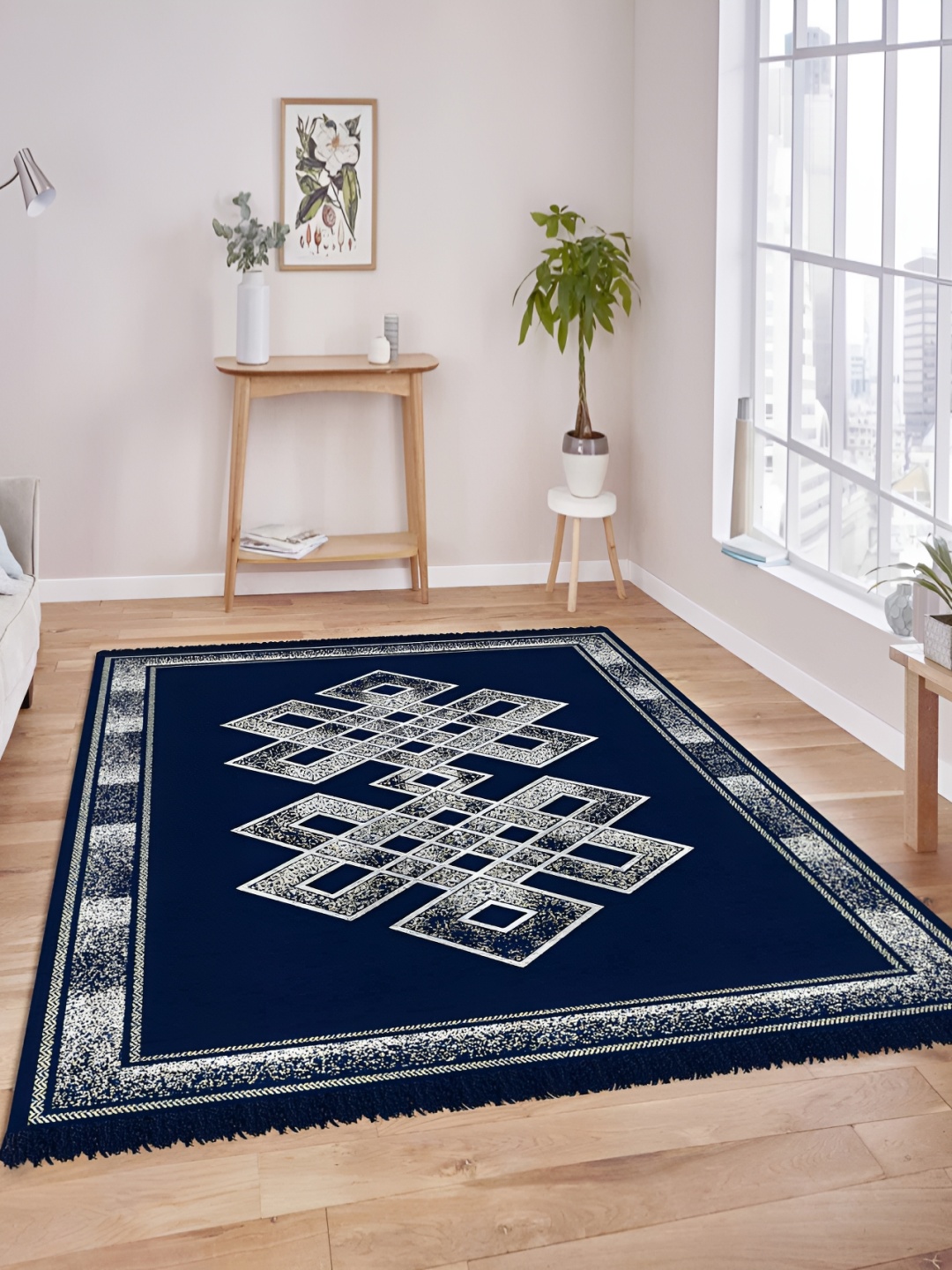 

bsb home Navy Blue & Grey Geometric Anti-Skid Rectangular Carpet