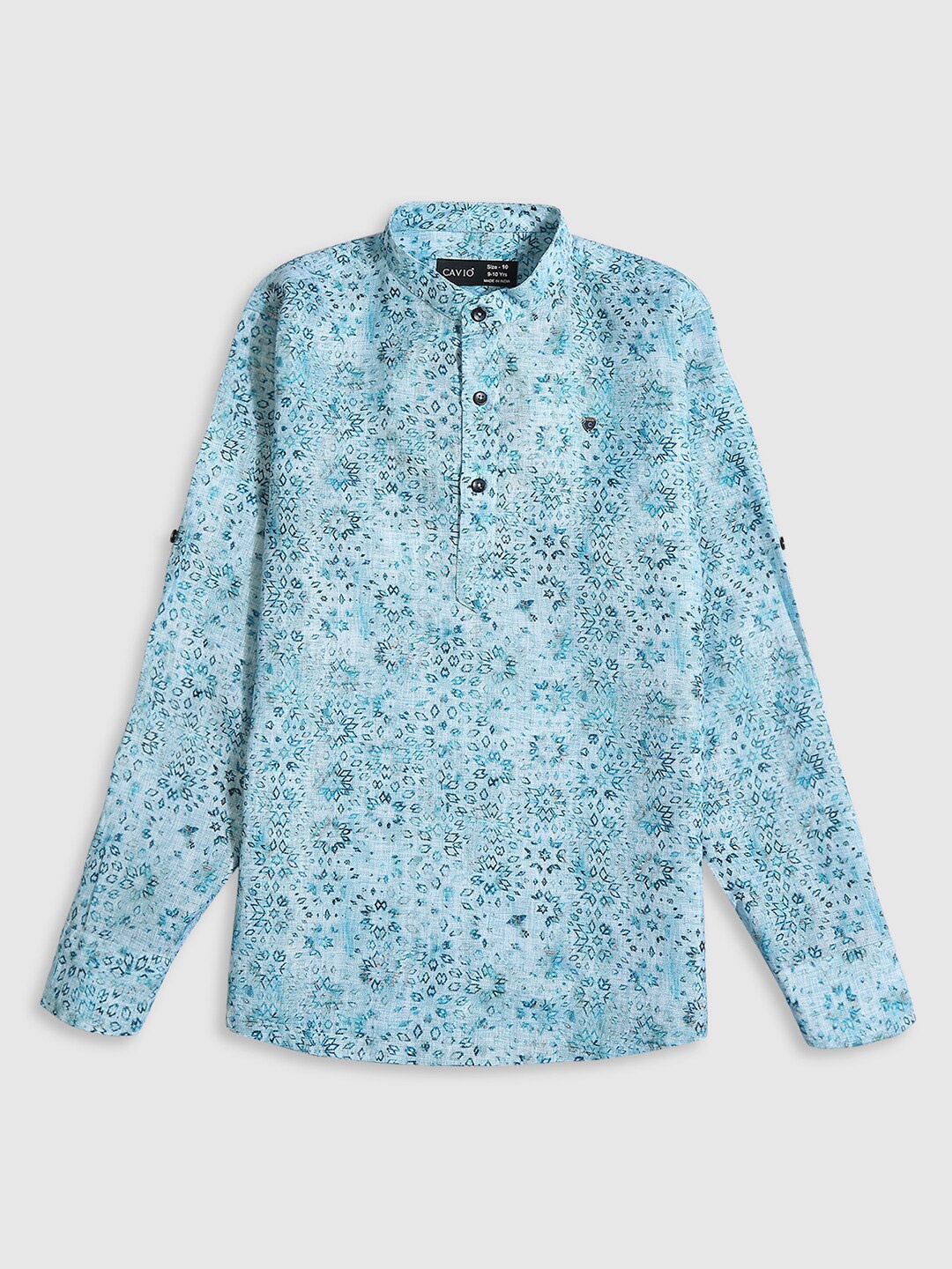 

CAVIO Boys Standard Abstract Printed Mandarin Collar Cotton Curved Casual Shirt, Sea green