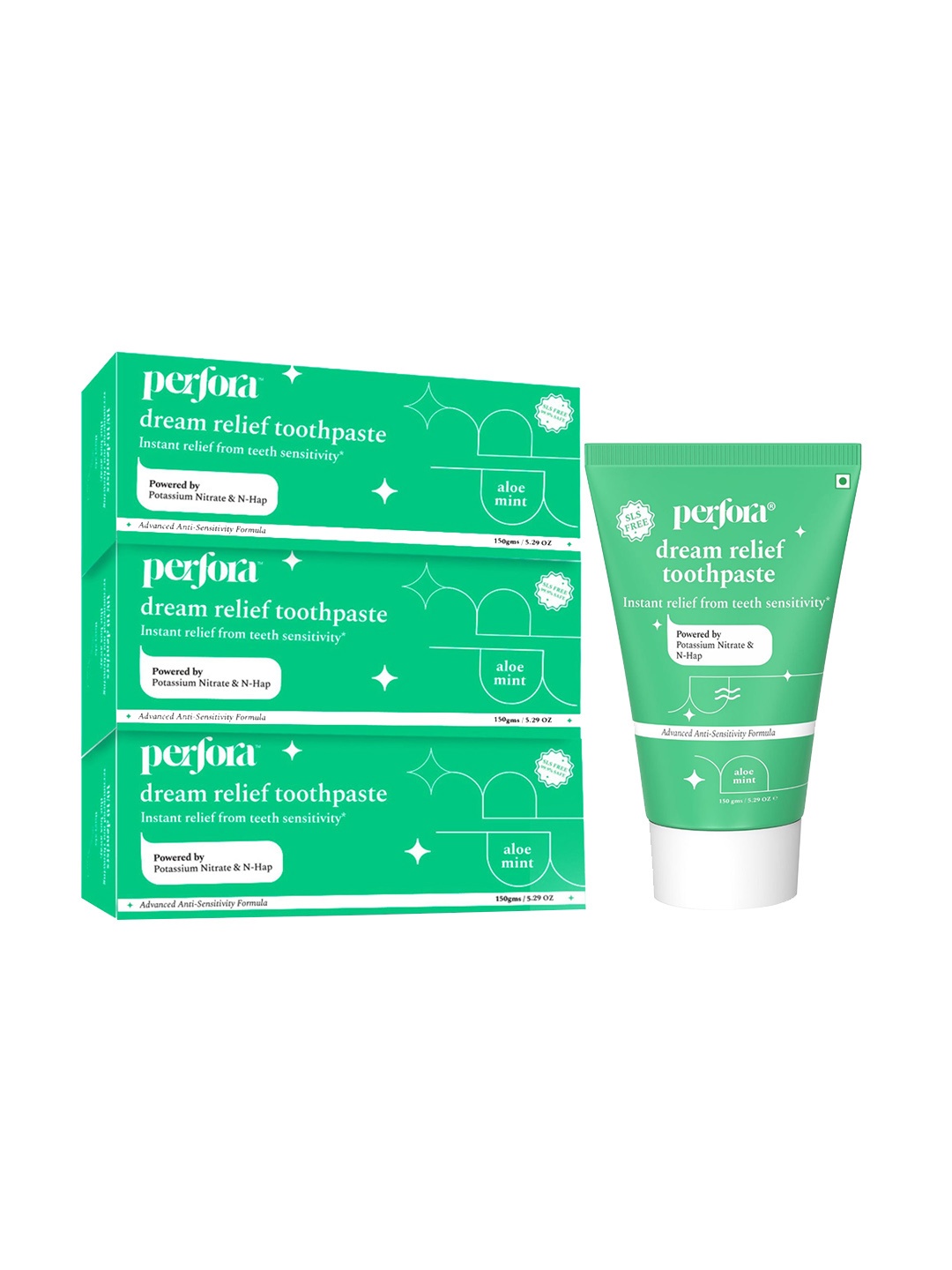 

Perfora Set of 3 Dream Relief Toothpaste 150 g each - Aloe Mint, Green