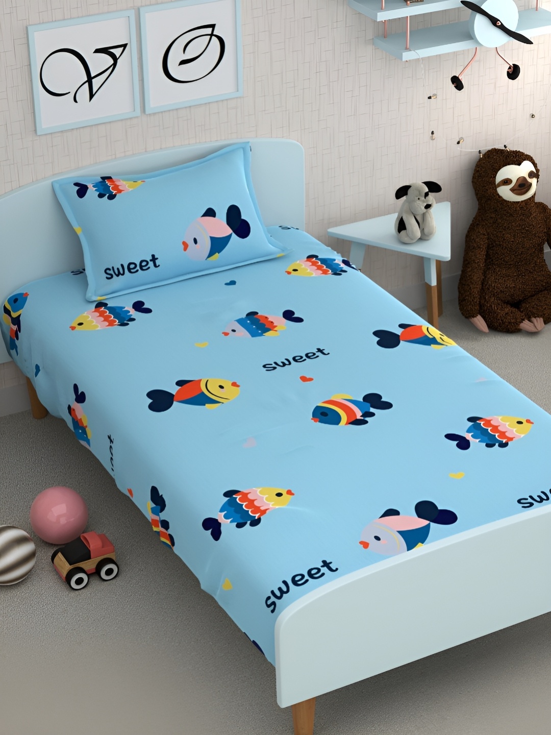 

CHHAVI INDIA Blue Graphic Printed Microfiber 210 TC Single Bedsheet with 1 Pillow Cover