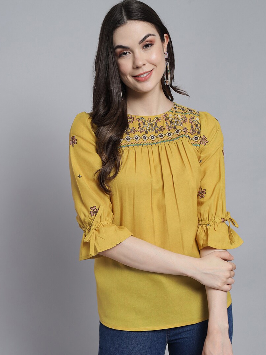 

RANGMAYEE Embroidered Round Neck Top, Yellow