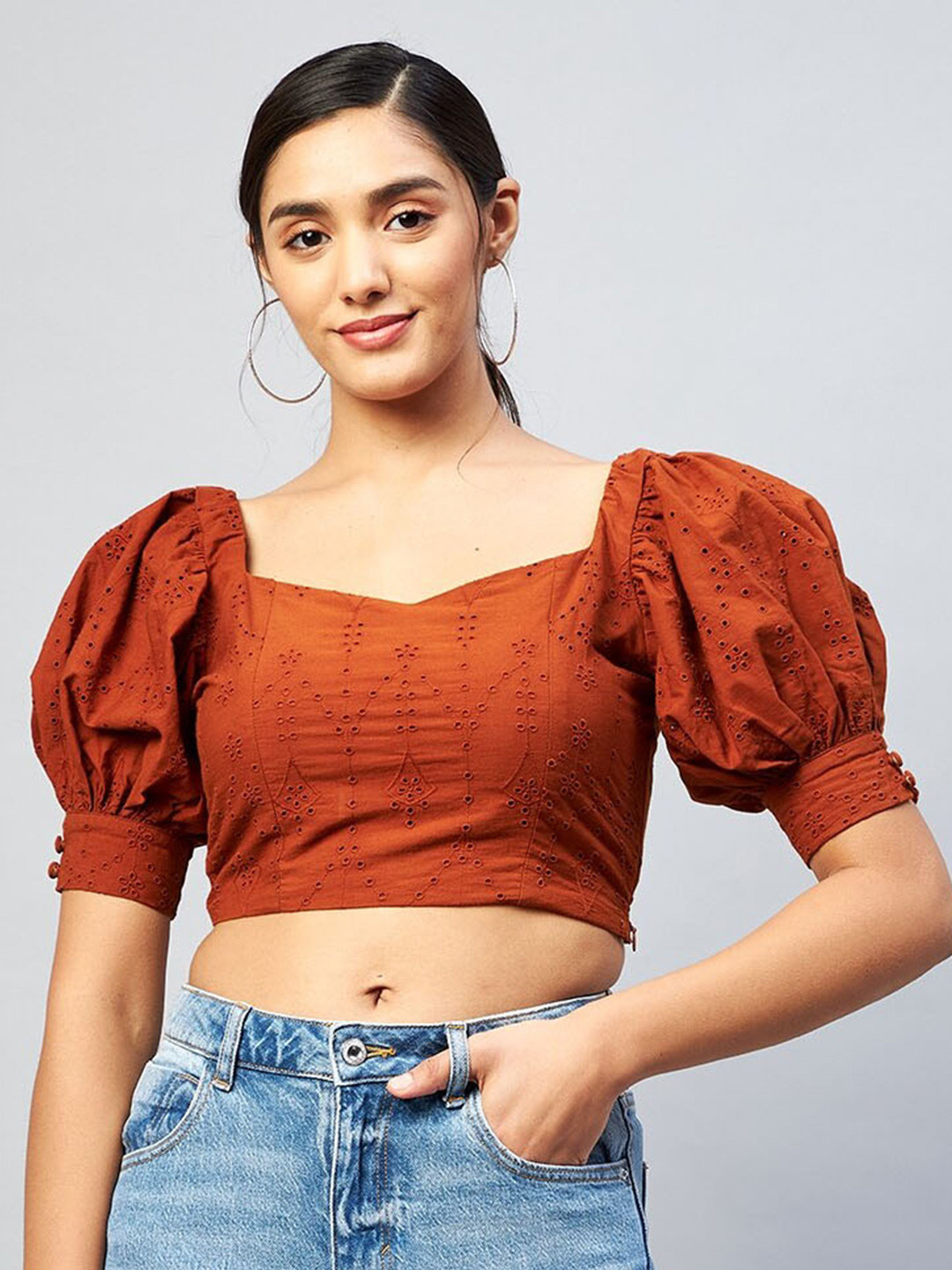 

DELAN Floral Self Design Sweetheart Neck Short Puff Sleeve Crop Top, Brown