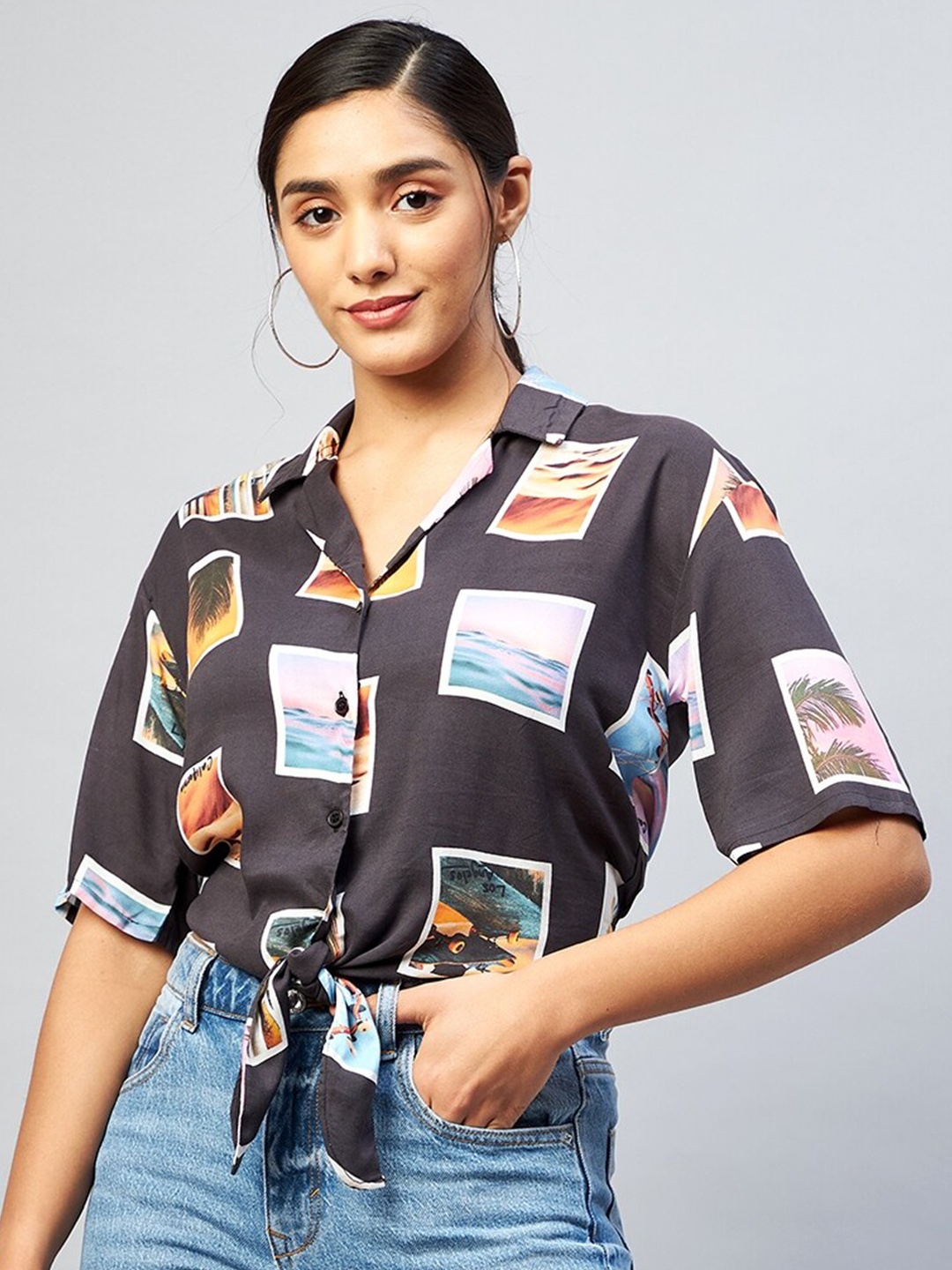 

DELAN Print Kimono Sleeve Crop Top, Black