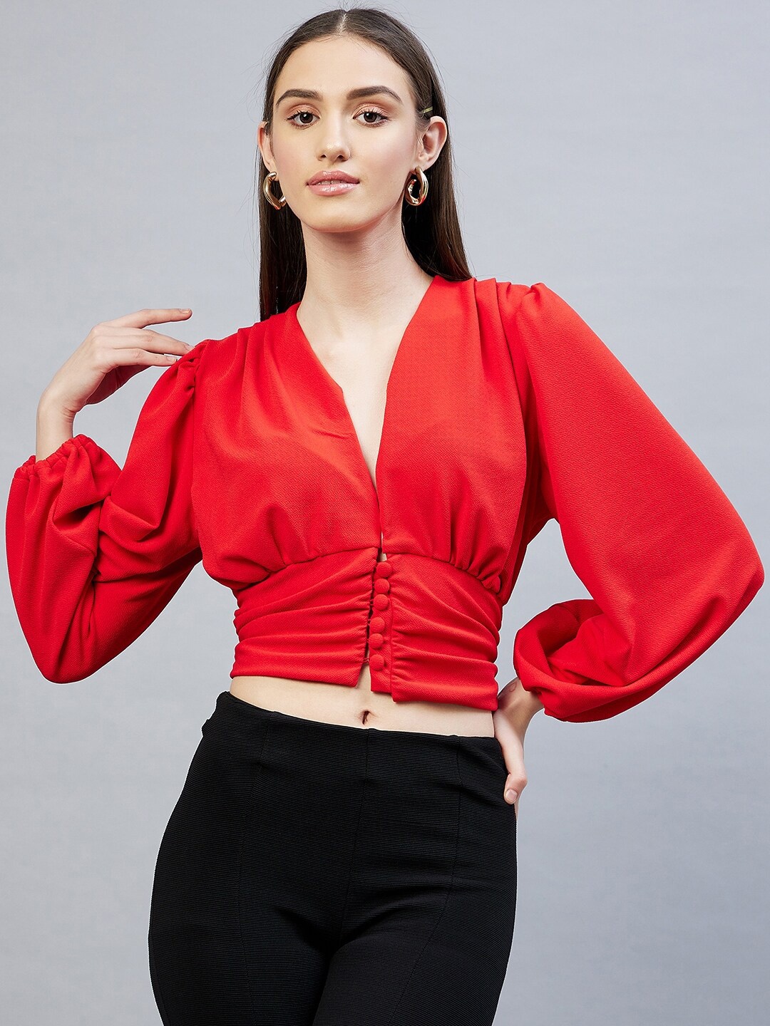 

DELAN V-Neck Long Puff Sleeve Cinched Waist Crop Top, Red