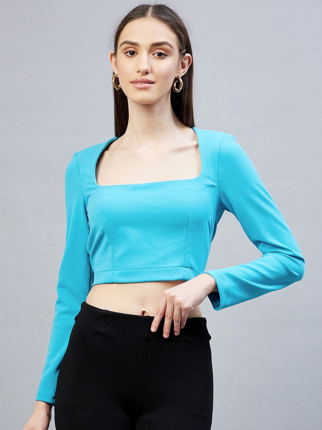 

DELAN Square Neck Puff Sleeve Sheen Crop Top, Turquoise blue