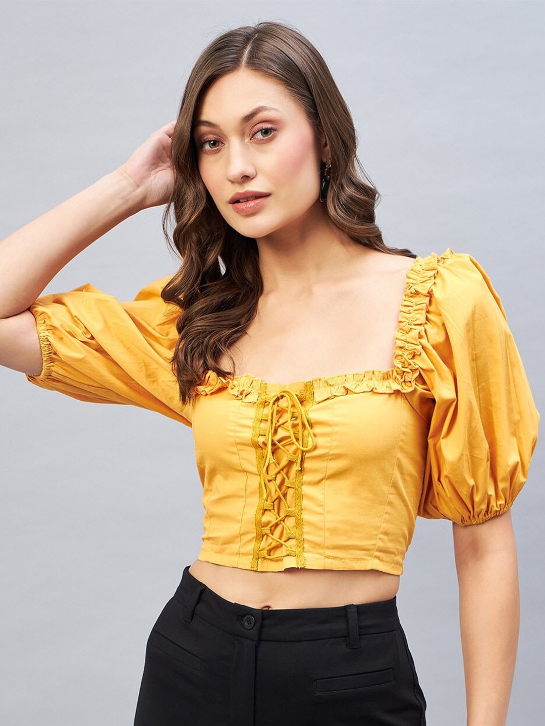 

DELAN Sweetheart Neck Puff Sleeve Smocked Cotton Smocked Crop Top, Yellow