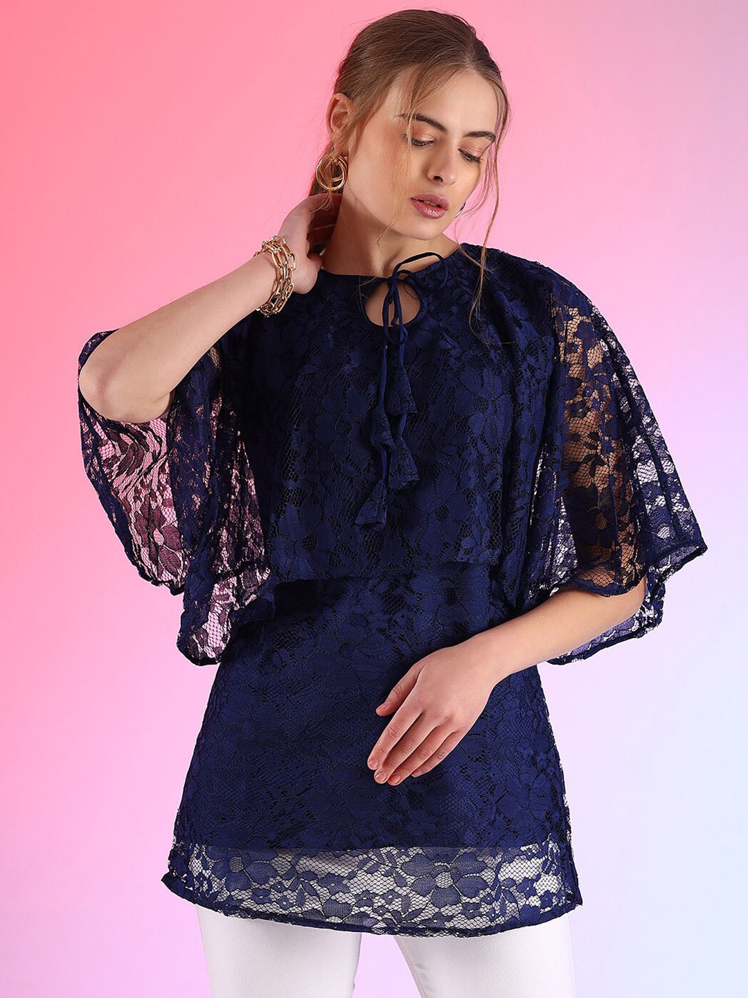 

WESTHOOD Self Design Tie Up Neck Cape Sleeve Lace Cape Top, Blue