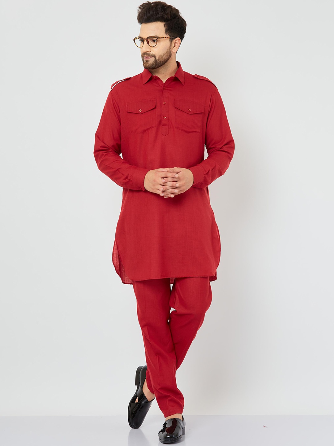 

Armaan Ethnic Shirt Collar Pure Cotton Kurta with Trousers, Red