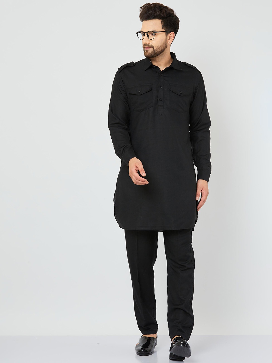 

Armaan Ethnic Shirt Collar Pure Cotton Kurta with Trousers, Black