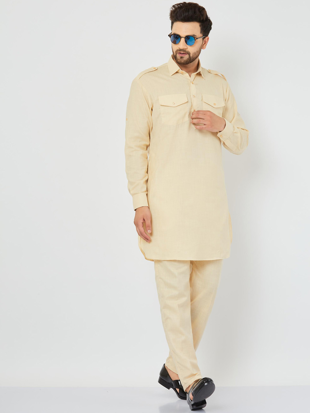 

Armaan Ethnic Shirt Collar Pure Cotton Kurta with Trousers, Beige