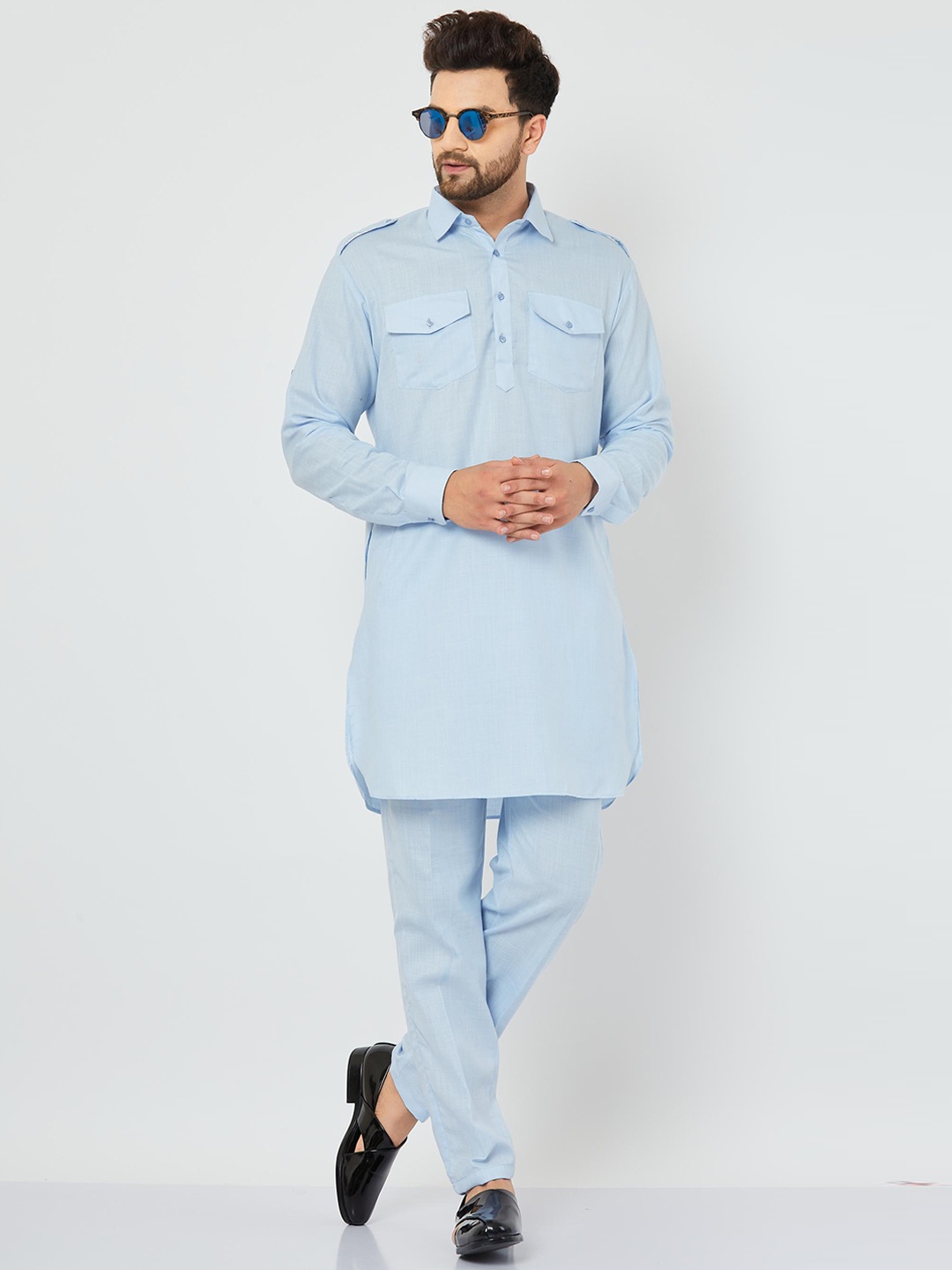 

Armaan Ethnic Shirt Collar Pure Cotton Kurta with Trousers, Blue