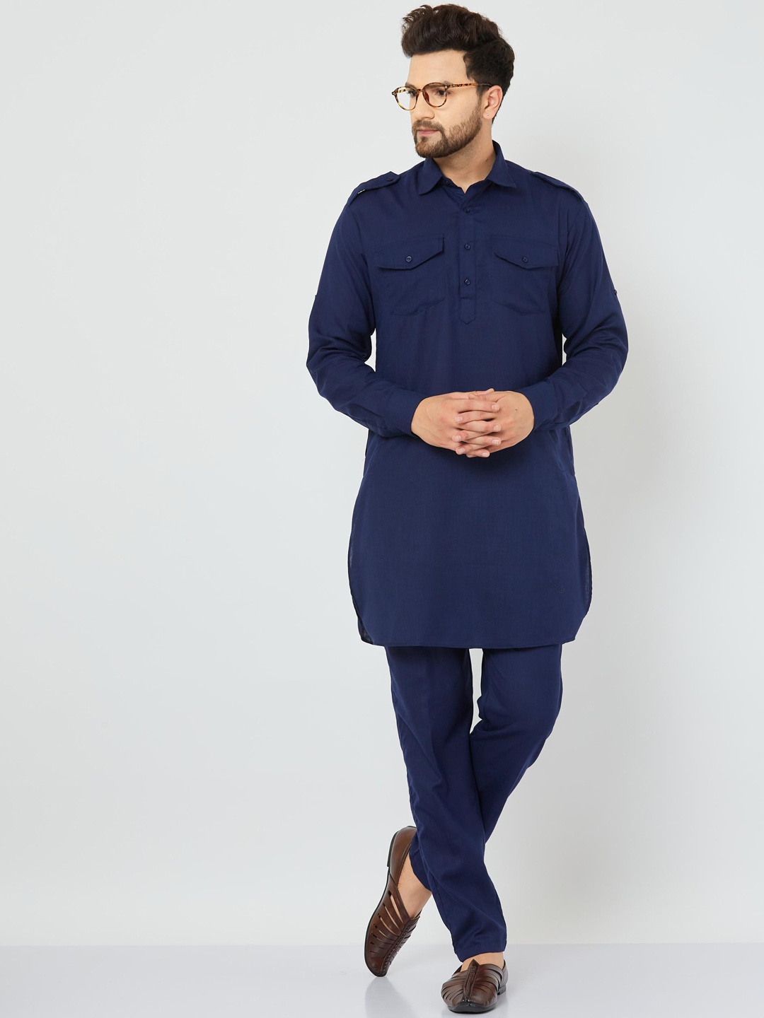 

Armaan Ethnic Shirt Collar Pure Cotton Kurta with Trousers, Navy blue
