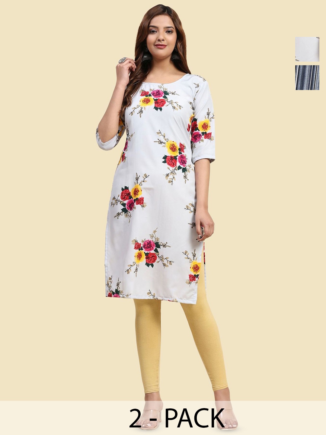 

Phenav Set Of 2 Floral Printed & Striped Crepe Kurta, White