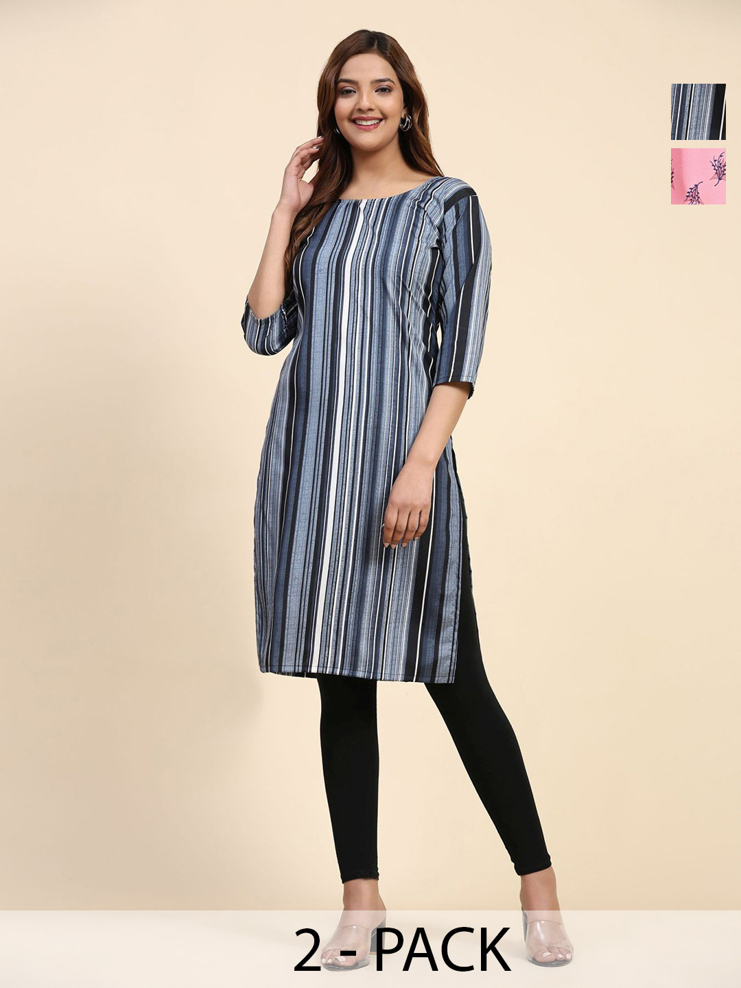 

Phenav Set Of 2 Floral Printed & Striped Crepe Kurta, Pink
