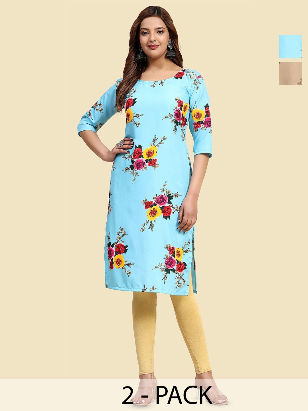 

Phenav Set Of 2 Floral Printed Crepe Kurta, Blue