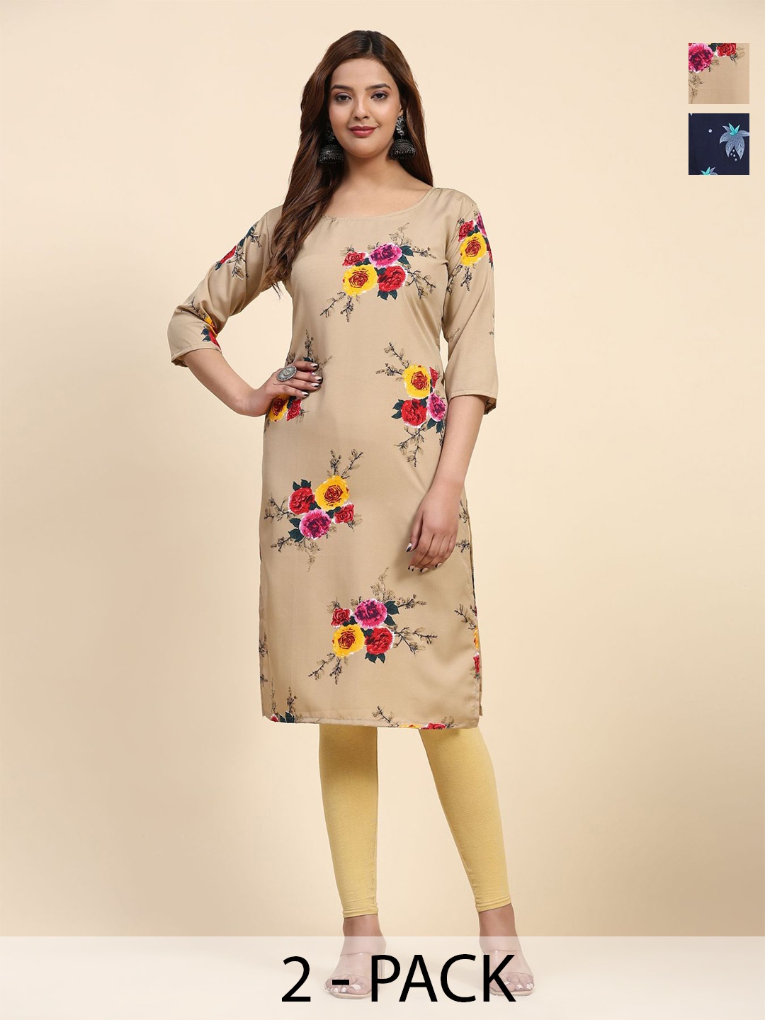 

Phenav Set Of 2 Floral Printed Crepe Kurta, Blue