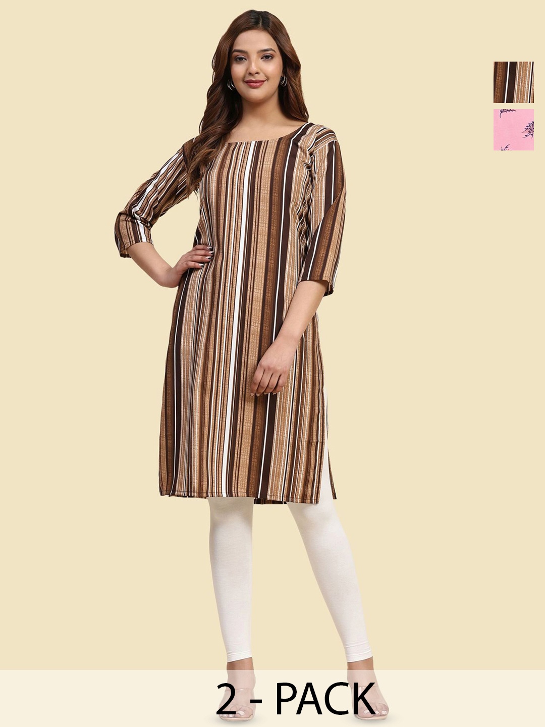 

Phenav Set Of 2 Floral Printed & Striped Crepe Kurta, Pink