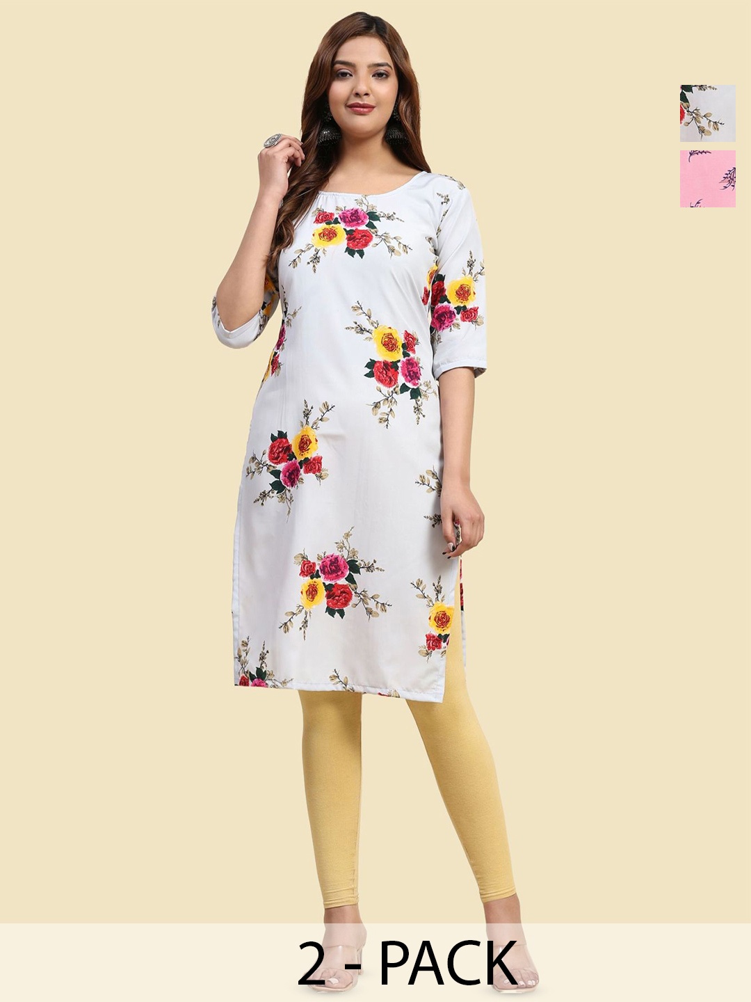 

Phenav Set Of 2 Floral Printed Crepe Kurta, Pink
