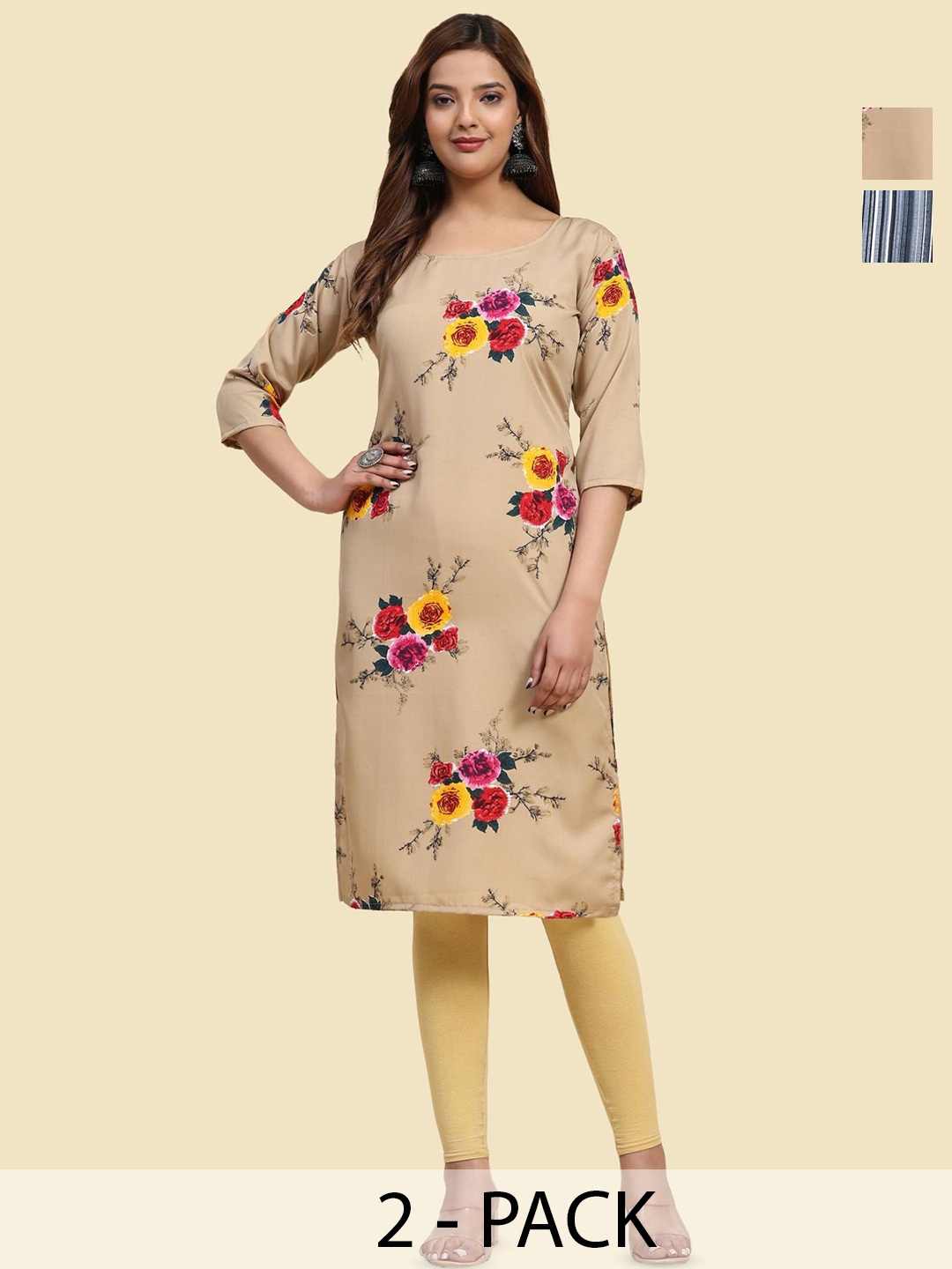 

Phenav Set Of 2 Floral Printed & Striped Crepe Kurta, Brown