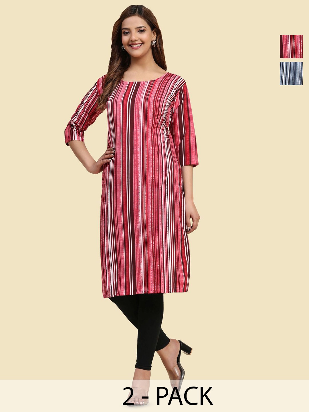 

Phenav Set Of 2 Striped Crepe Kurta, Red