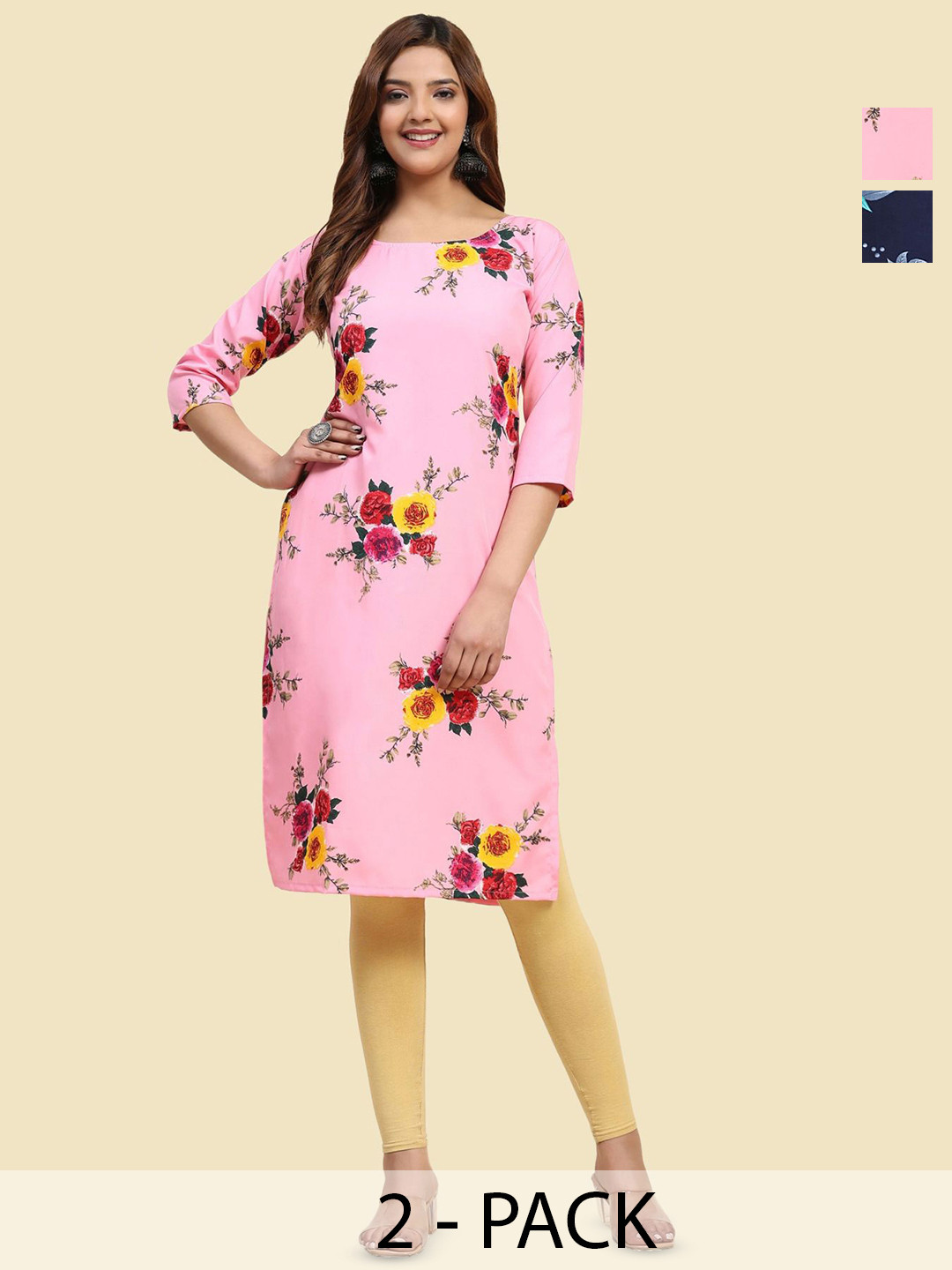 

Phenav Set Of 2 Floral Printed Crepe Kurta, Blue