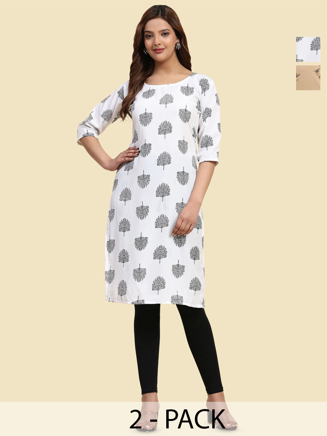 

Phenav Set Of 2 Floral Printed Crepe Kurta, Brown