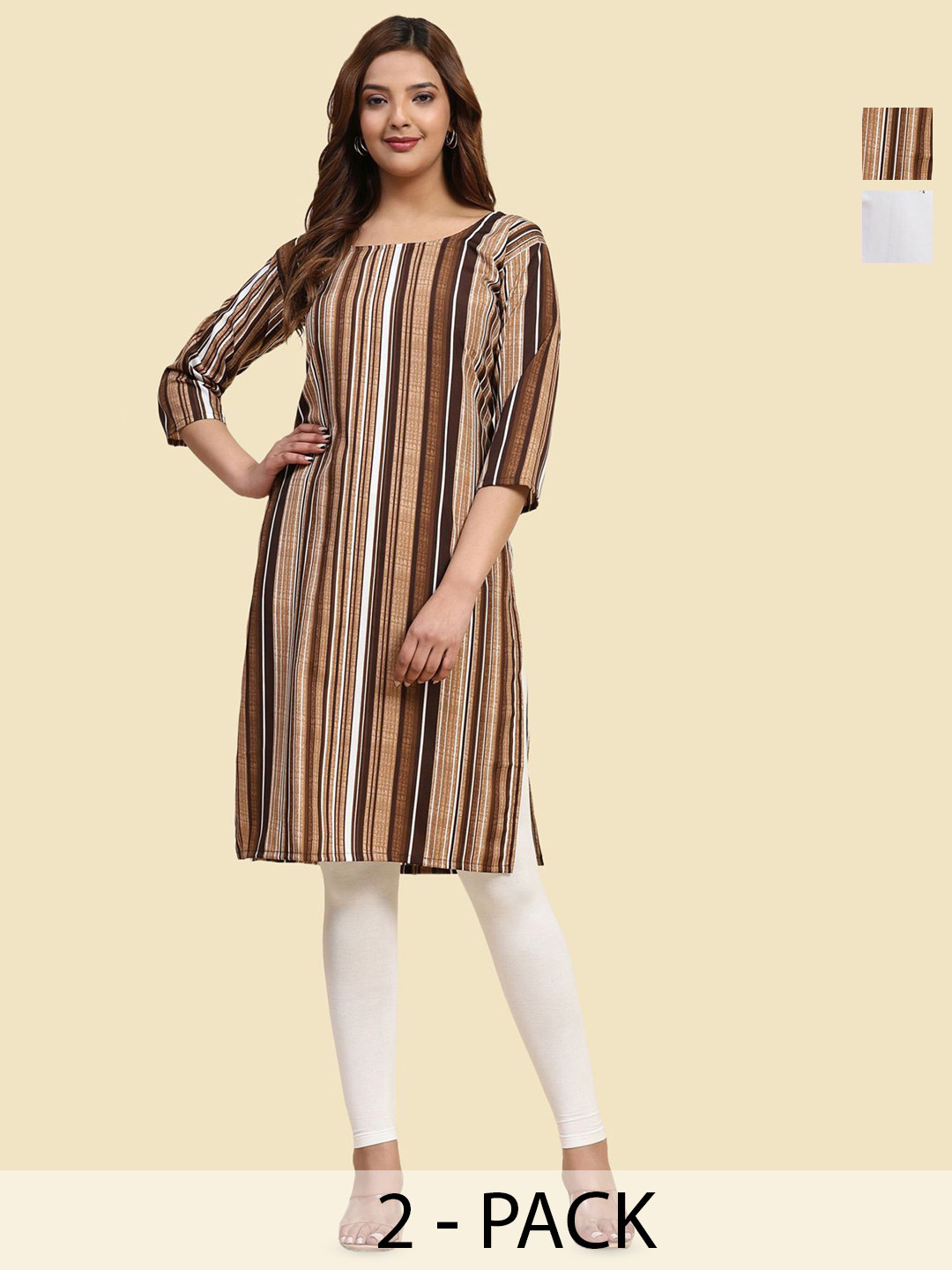 

Phenav Set Of 2 Floral Printed & Striped Crepe Kurta, White