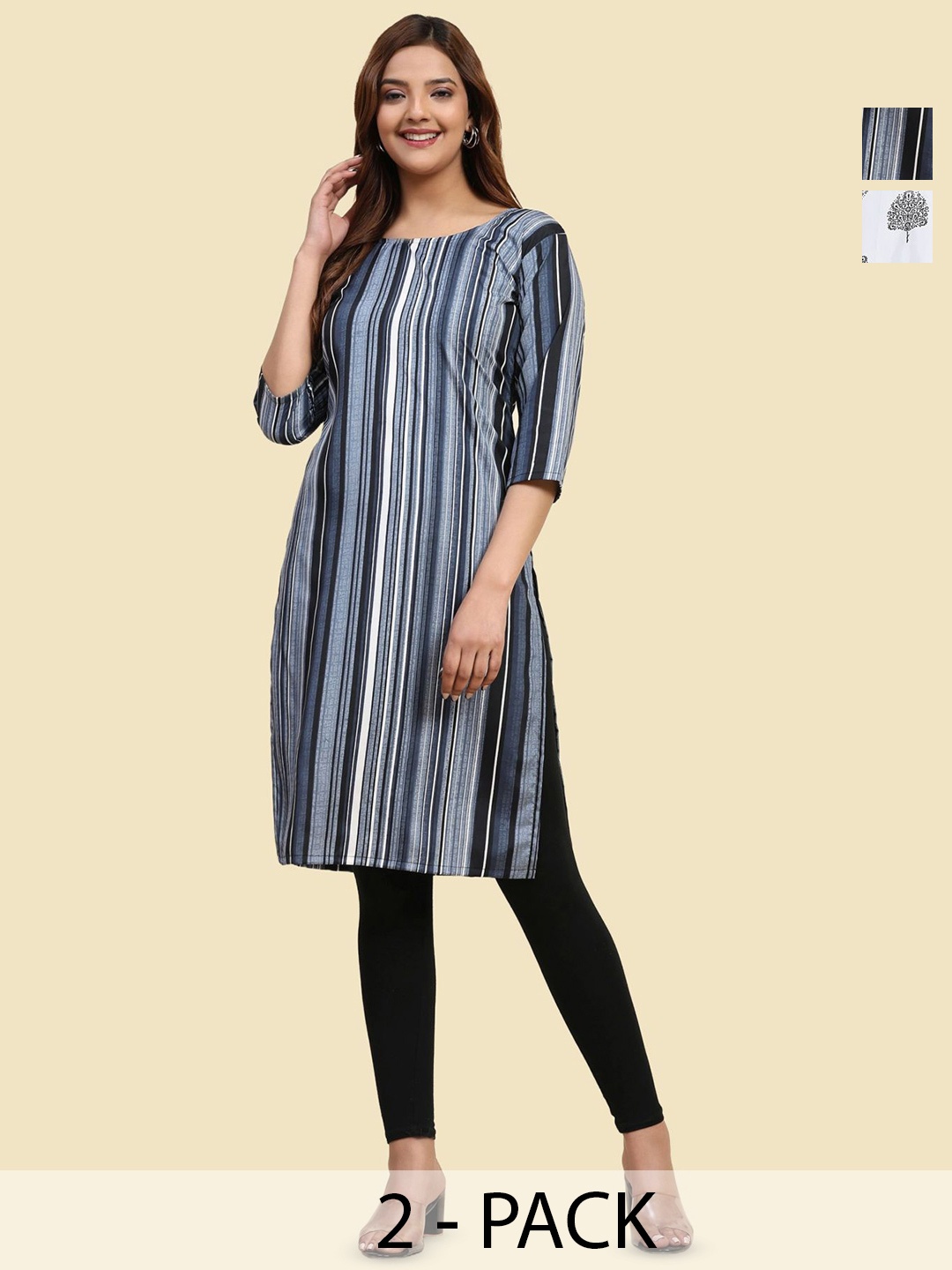 

Phenav Set Of 2 Floral Printed & Striped Crepe Kurta, White