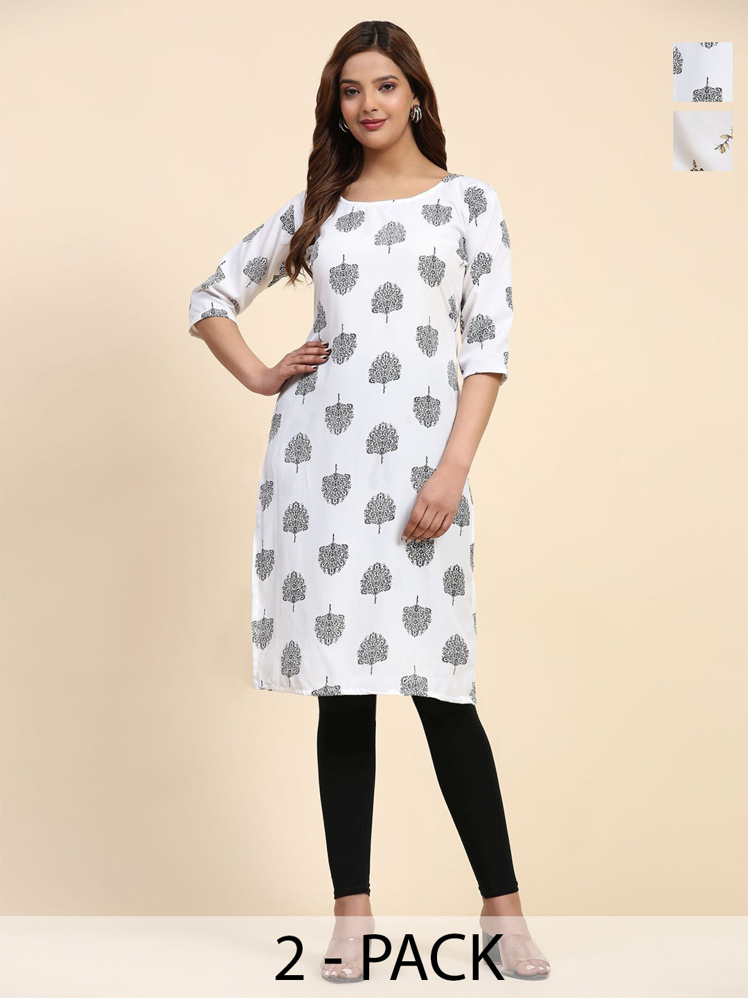 

Phenav Set Of 2 Floral Printed Crepe Kurta, White