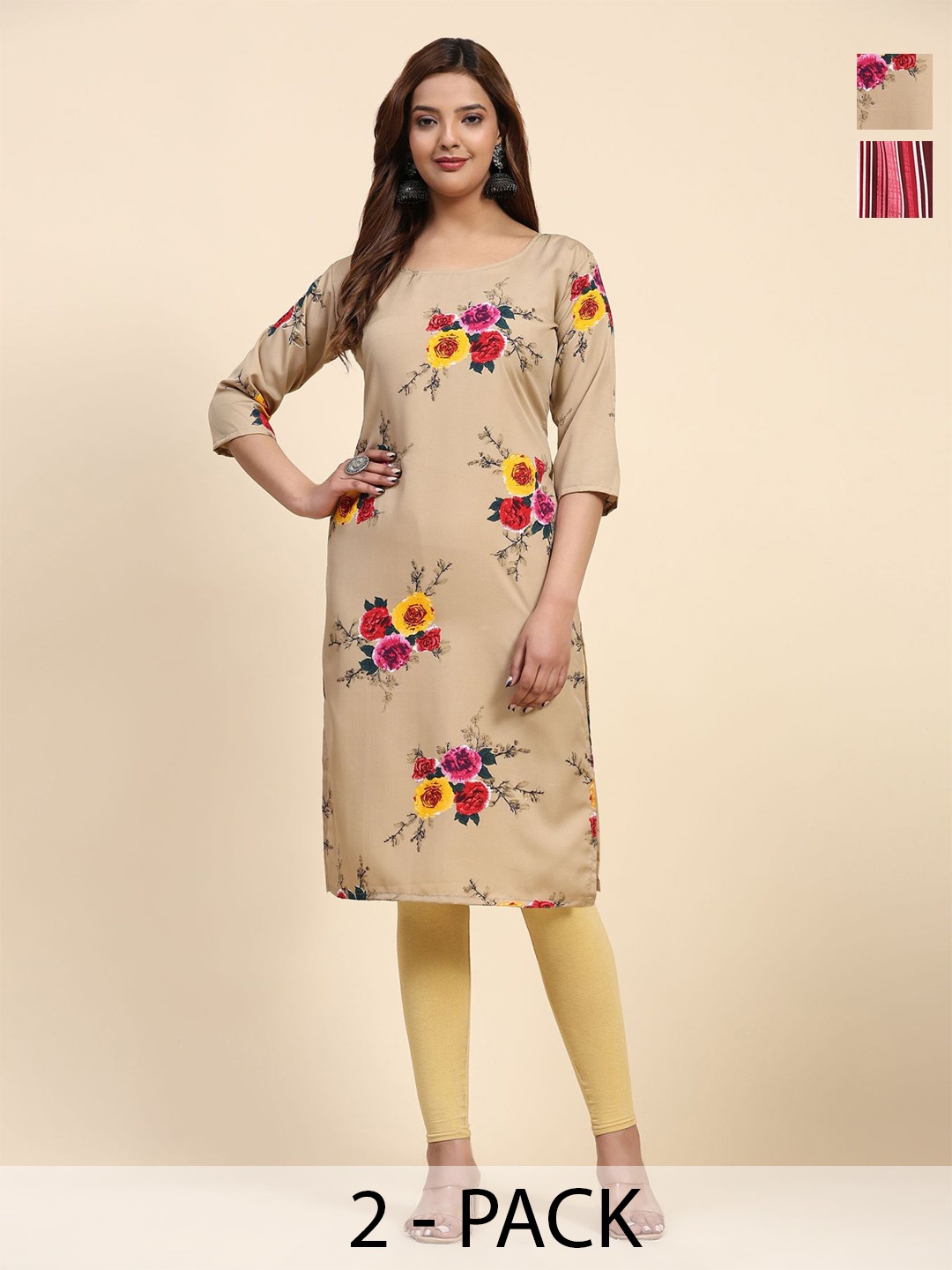 

Phenav Set Of 2 Floral Printed & Striped Crepe Kurta, Red