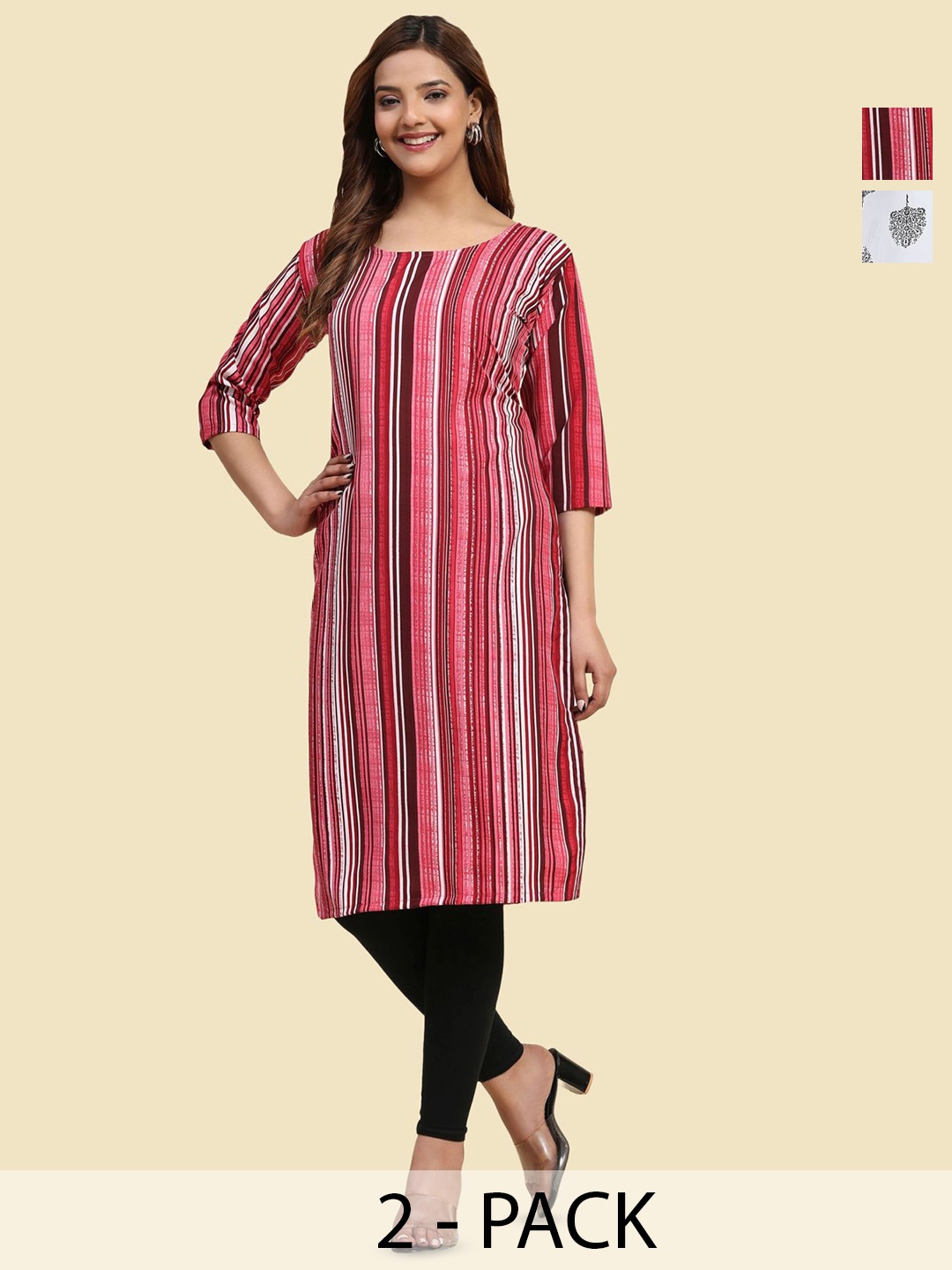 

Phenav Set Of 2 Floral Printed & Striped Crepe Kurta, White