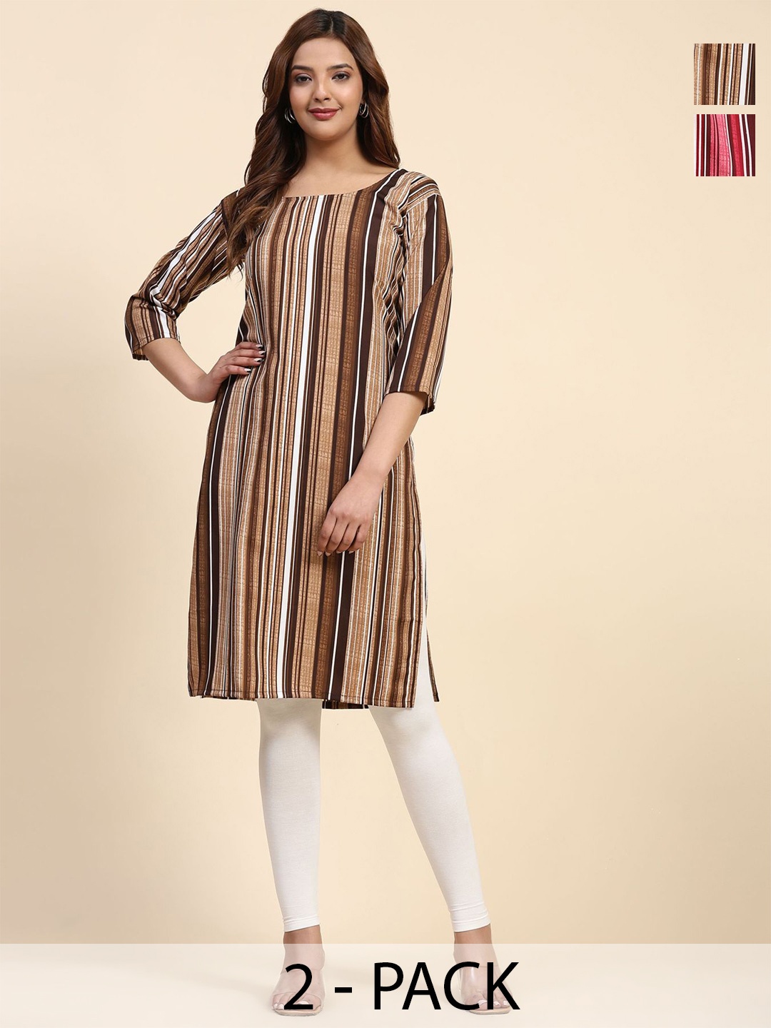 

Phenav Set Of 2 Striped Crepe Kurta, Red