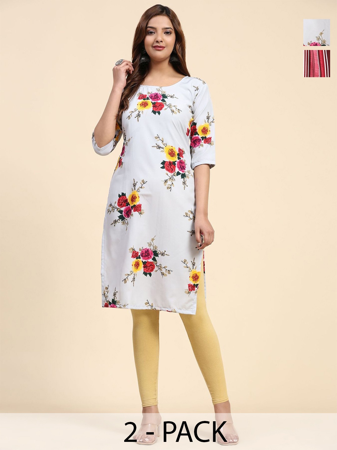 

Phenav Set Of 2 Floral Printed & Striped Crepe Kurta, Red