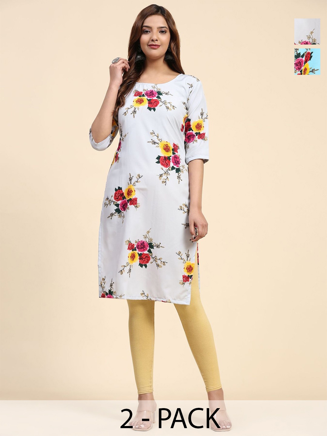 

Phenav Set Of 2 Floral Printed Crepe Kurta, Blue