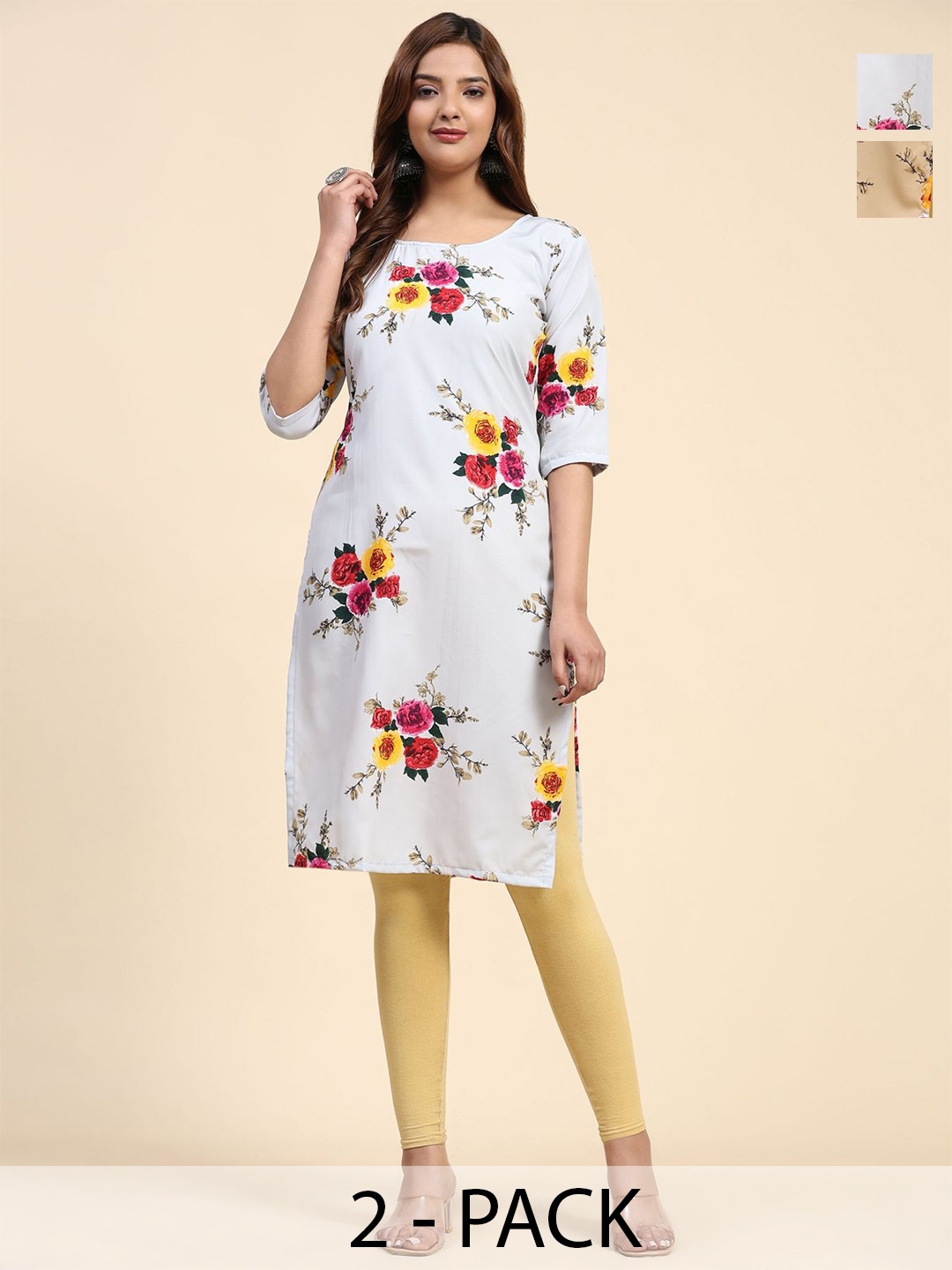 

Phenav Set Of 2 Floral Printed Crepe Kurta, White