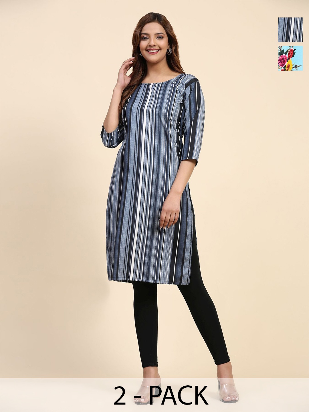 

Phenav Set Of 2 Floral Printed & Striped Crepe Kurta, Blue