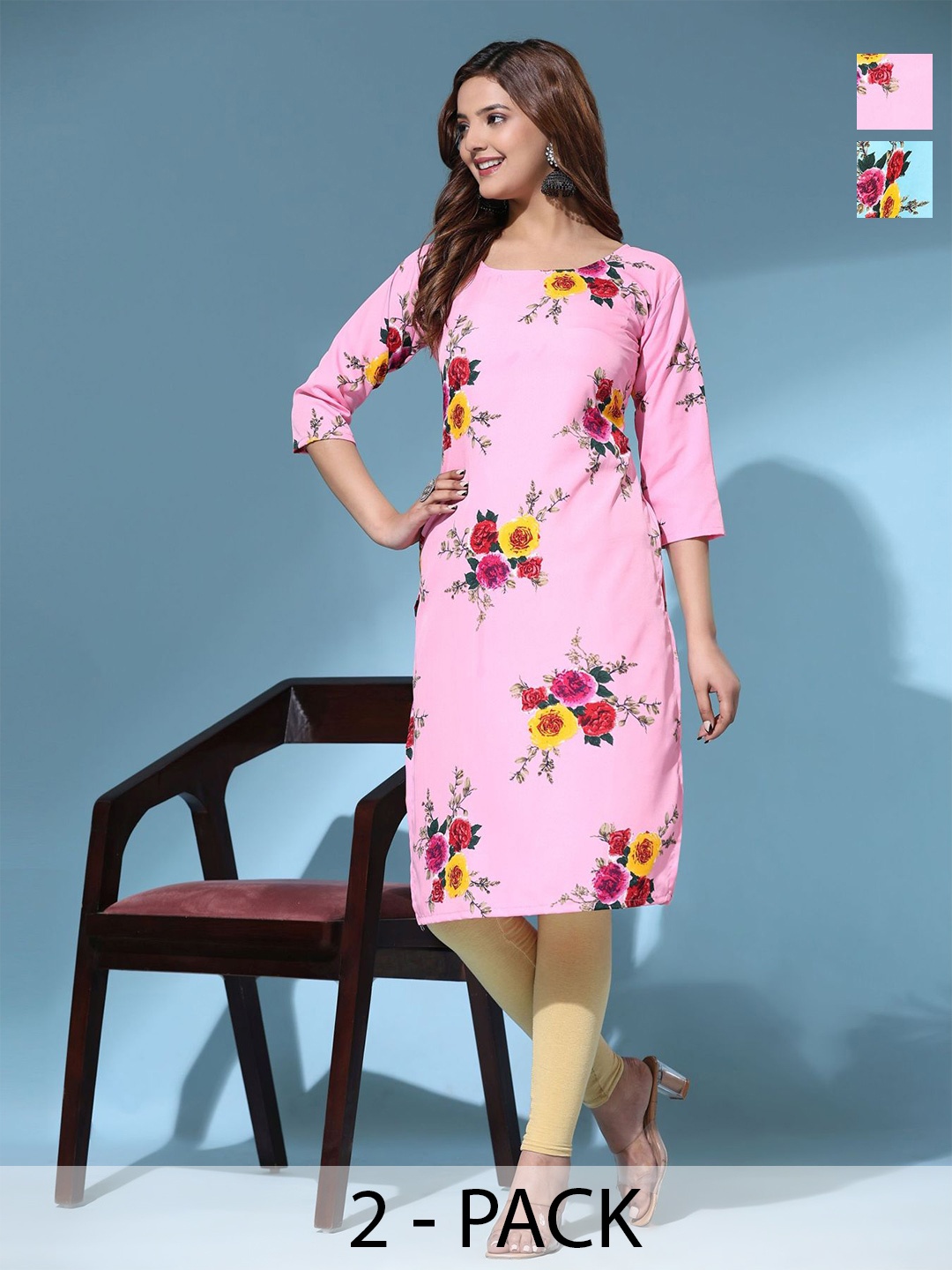 

Phenav Set Of 2 Floral Printed Crepe Kurta, Blue