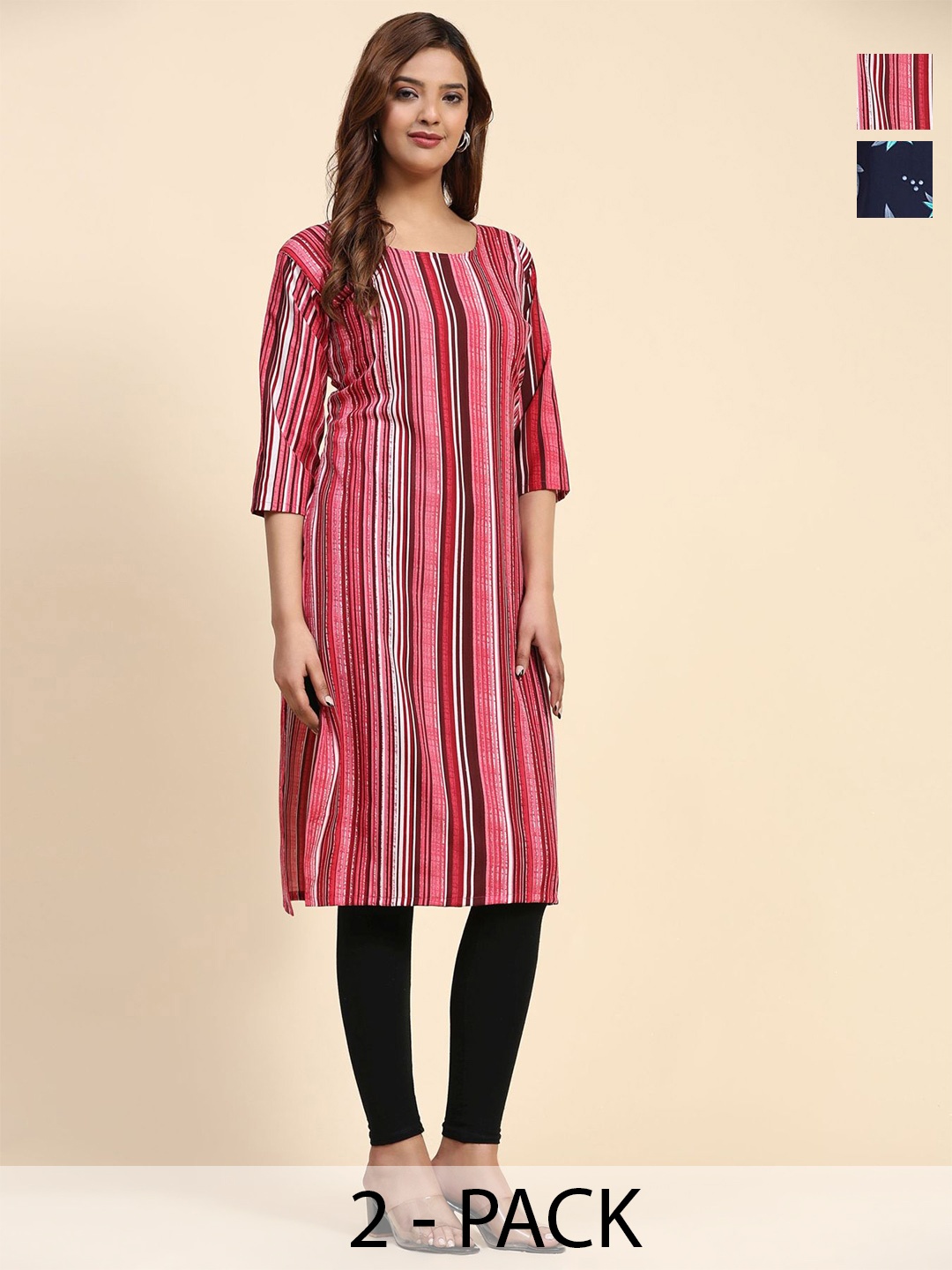 

Phenav Set Of 2 Floral Printed & Striped Crepe Kurta, Blue