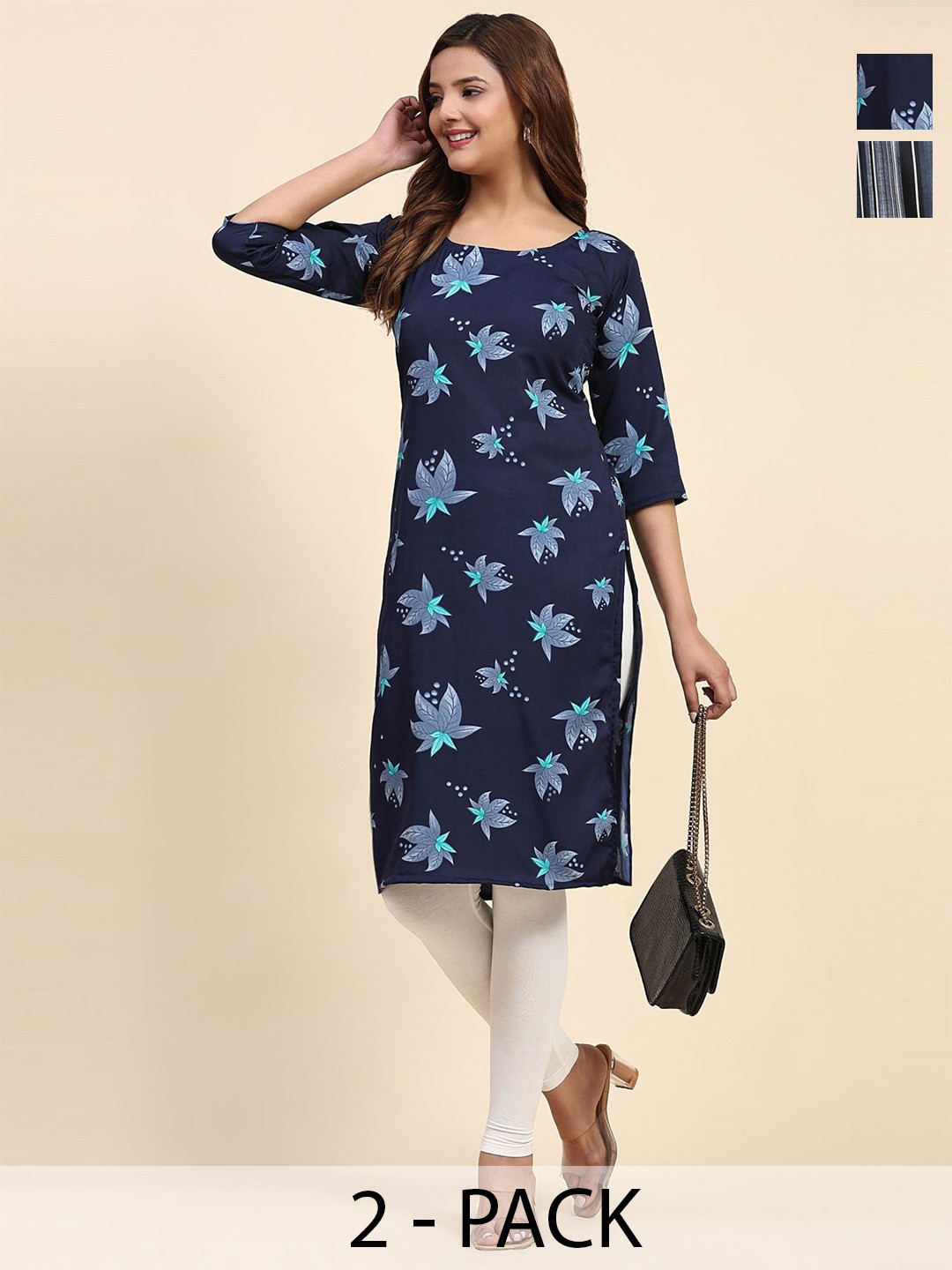 

Phenav Set Of 2 Floral Printed & Striped Crepe Kurta, Blue