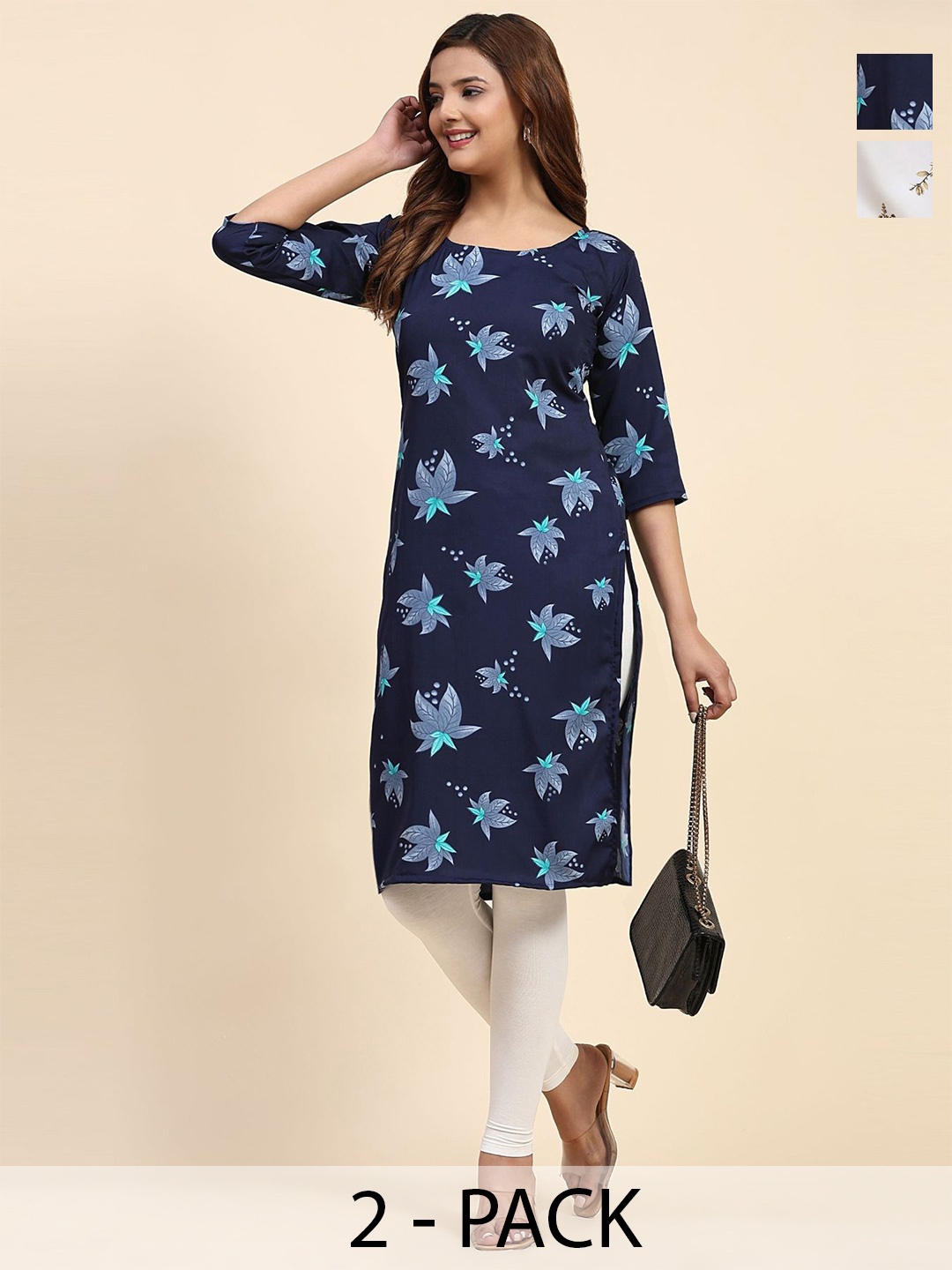 

Phenav Set Of 2 Floral Printed Crepe Kurta, Blue