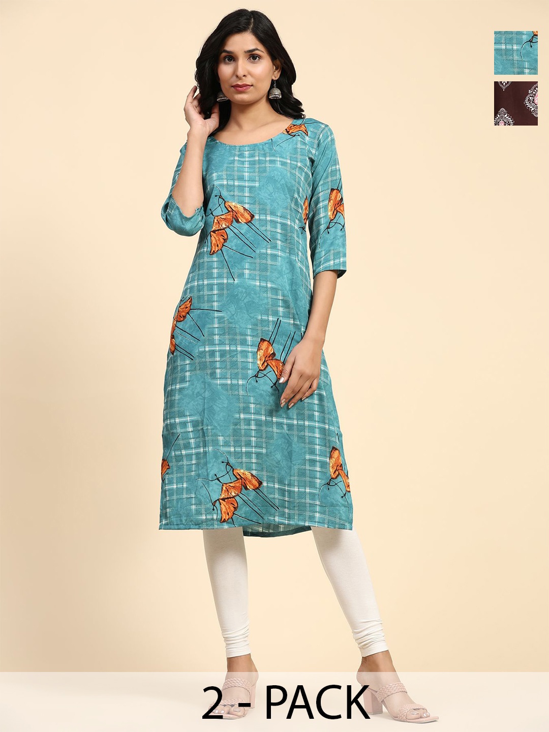

Phenav Set Of 2 Ethnic Motifs Printed Crepe Kurta, Blue