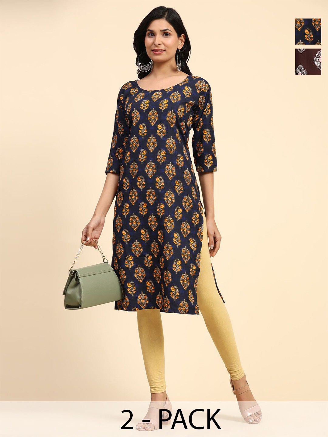

Phenav Set Of 2 Ethnic motifs Printed Crepe Kurta, Blue
