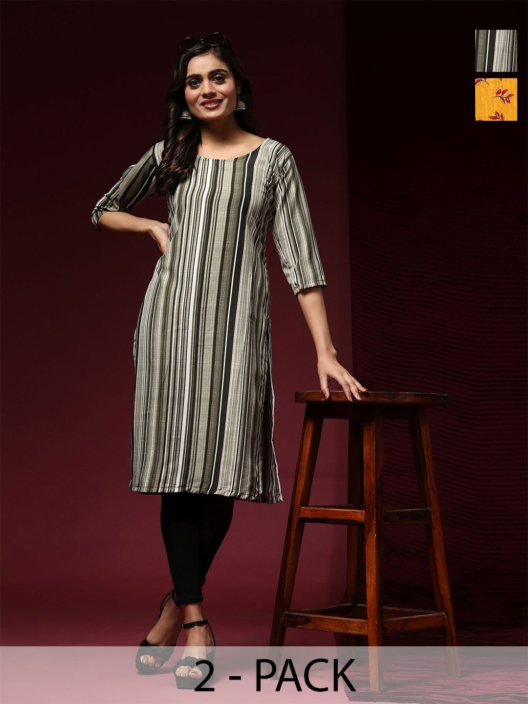 

Phenav Set Of 2 Floral Printed & Striped Crepe Kurta, Yellow
