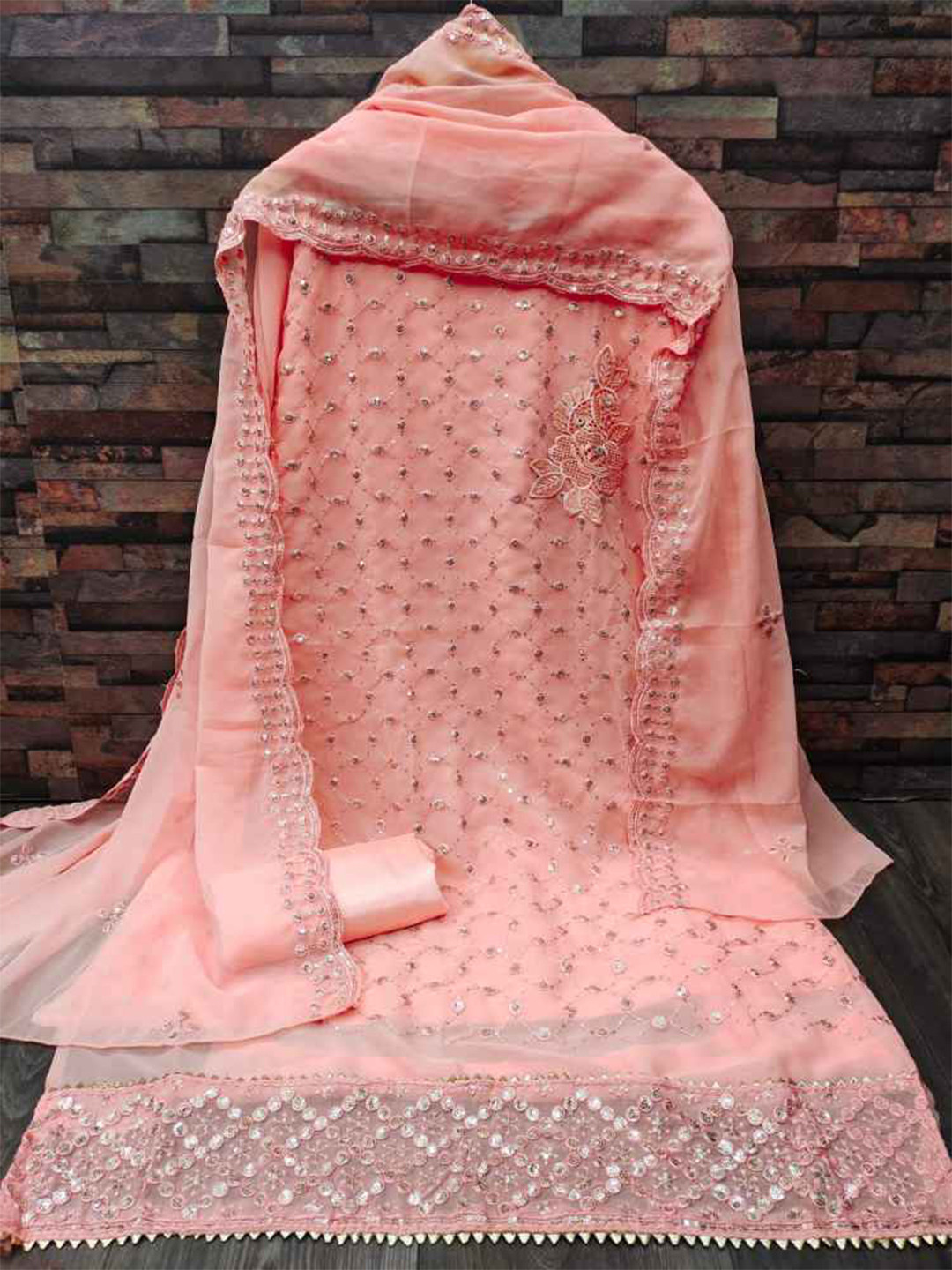 

faxofab Embroidered Unstitched Dress Material, Peach