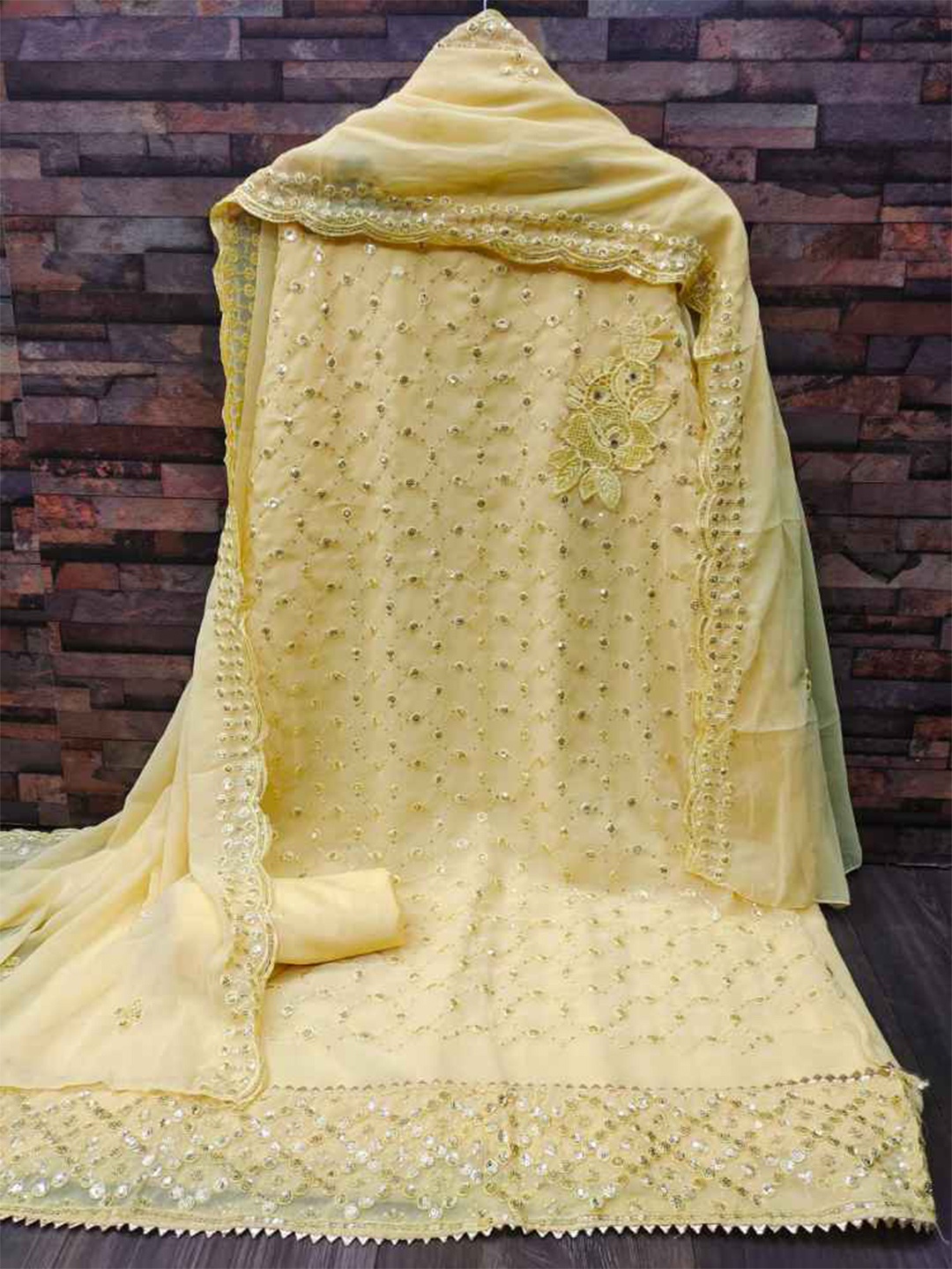 

faxofab Embroidered Dupion Silk Unstitched Dress Material, Yellow