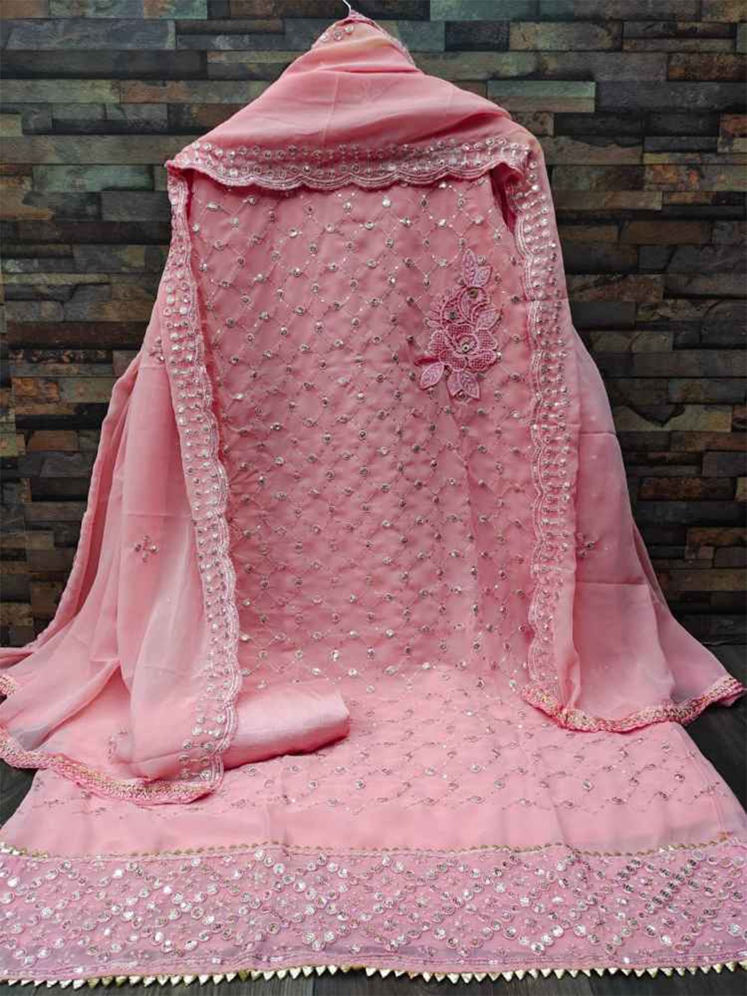 

faxofab Embroidered Dupion Silk Unstitched Dress Material, Pink