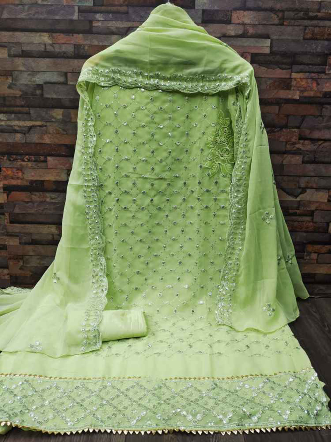 

faxofab Embroidered Dupion Silk Unstitched Dress Material, Sea green