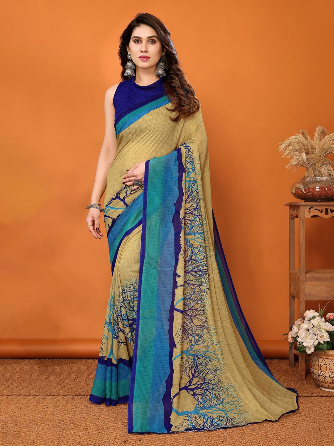 

Moda Rapido Floral Poly Georgette Saree, Blue