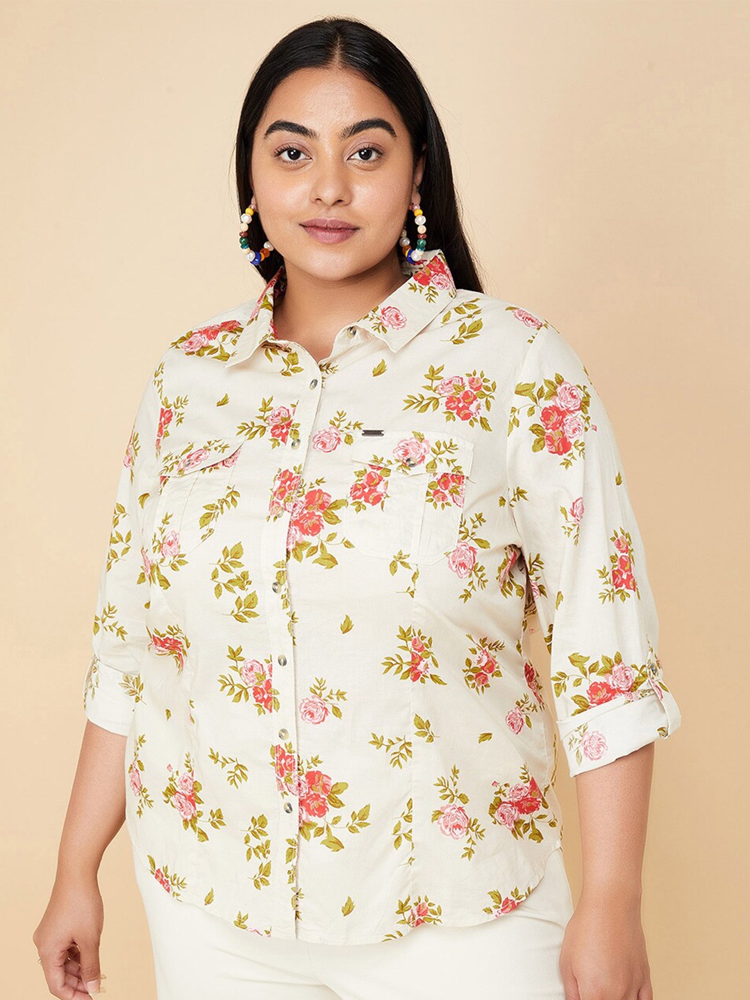 

max Floral Printed Spread Collar Three-Quarter Sleeves Cotton Casual Shirt, Beige