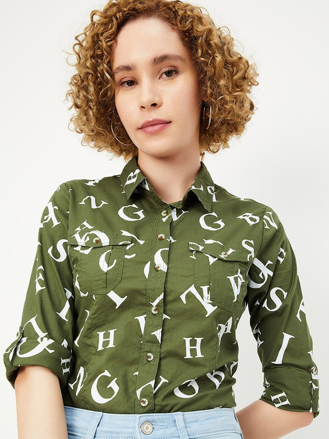 

max Opaque Typography Printed Casual Shirt, Olive